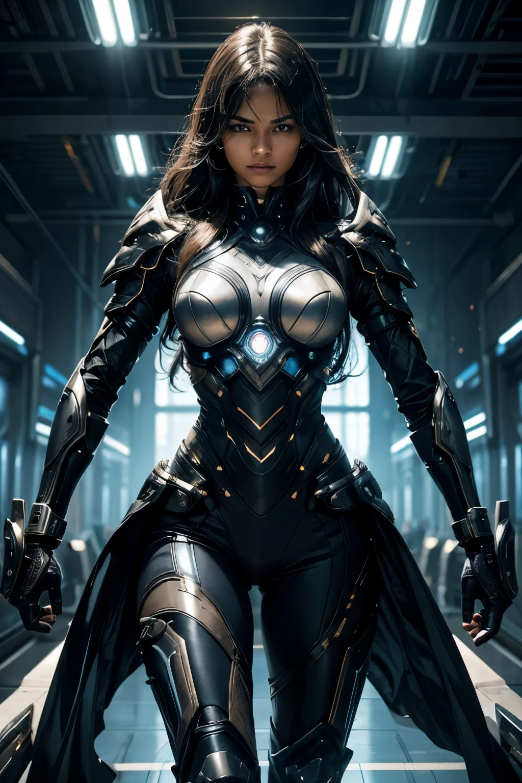 In the heart of a cutting-edge, technologically advanced battlefield, a powerful Black girl warrior assumes a commanding stance. Her sleek futuristic armor, meticulously crafted with intricate designs and radiant shine, hugs her toned body. The suit's polished surface beautifully reflects the vibrant, pulsating lights of her high-tech environment. With her hair cascading down her back, framing her strong, chiseled features, she exudes an undeniable aura of determination and strength. Her determined expression, intensified by her fierce gaze, reveals her unwavering resolve to protect and defend against any potential threat in this advanced, intricately detailed. She is beautiful.