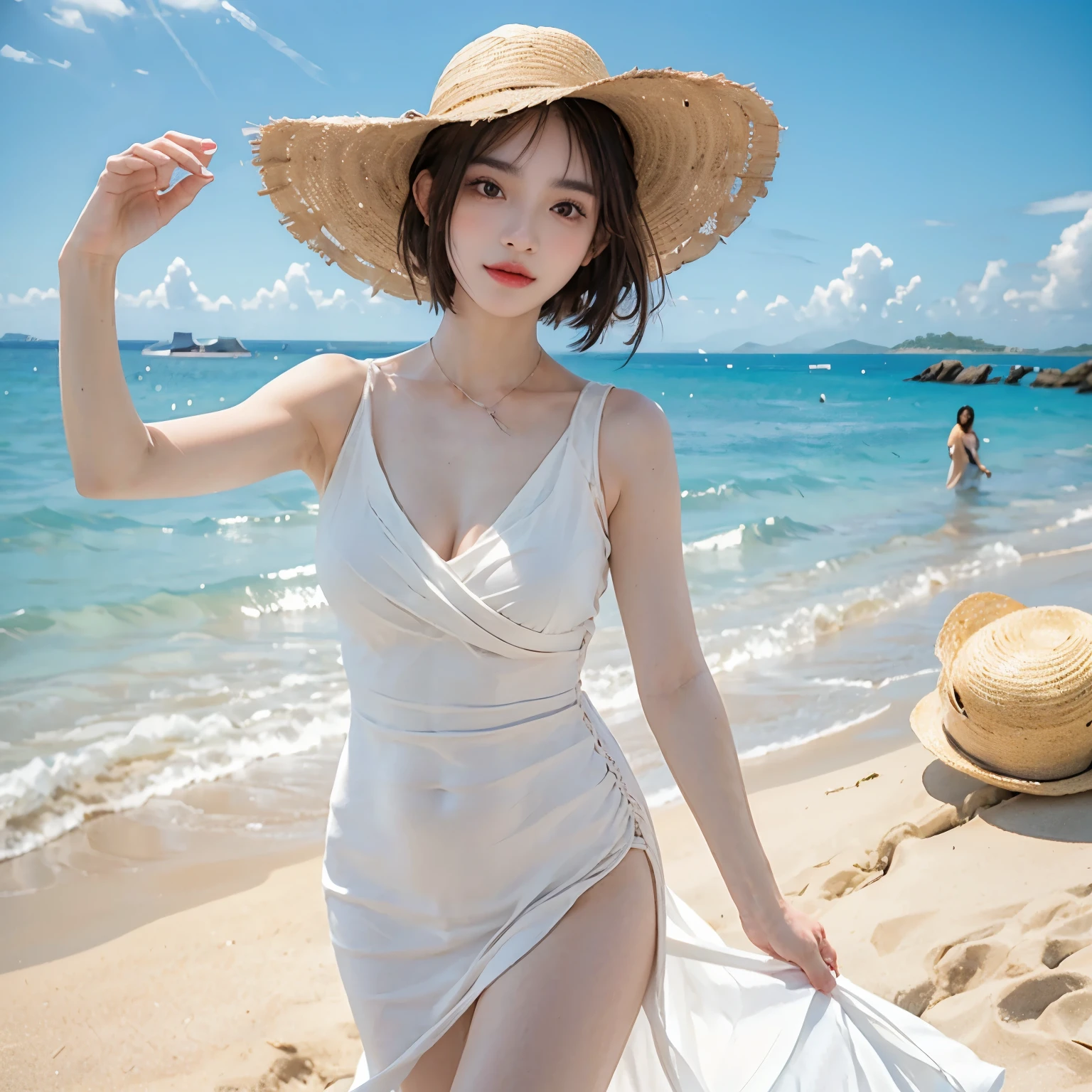 High definition,high resolution,be familiar with,perfect face and body shape,big breasts,Take a selfie with your phone,Summer sunset,Ocean,sandy beach,black hair,short hair,white dress,((The right eye is hidden by bangs)),straw hat,Sleeveless dress,(anatomically correct:1.5)