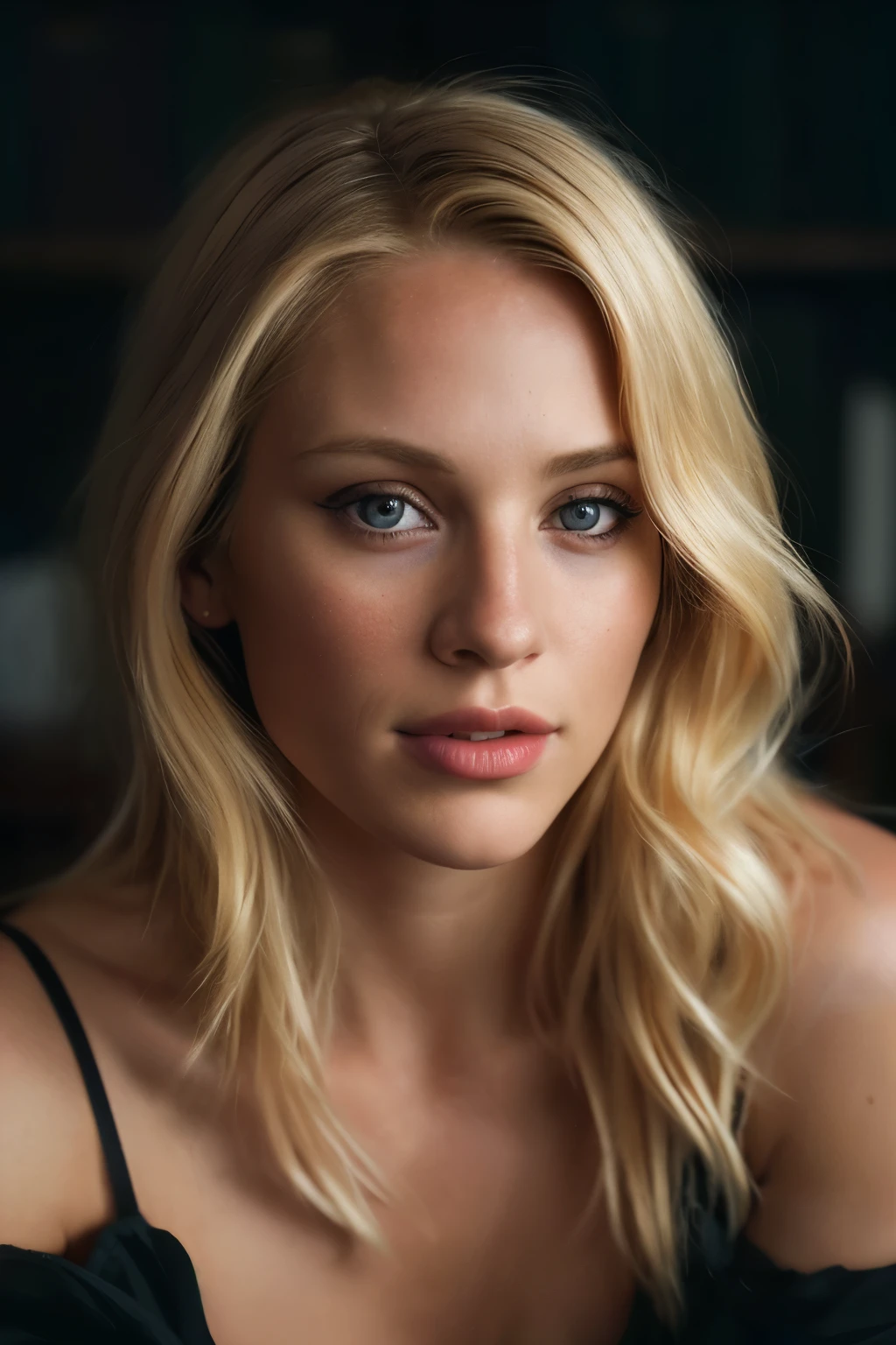 (close-up, editorial photograph of a 29-year-old blond beautiful woman), (highly detailed face:1.4) (smile:0.7) (background inside dark, moody, private study:1.3) POV, by Lee Jeffries, nikon d850, film stock photograph,4 kodak portra 400 ,camera f1.6 lens ,rich colors ,hyper realistic ,lifelike texture, dramatic lighting , cinestill 800,