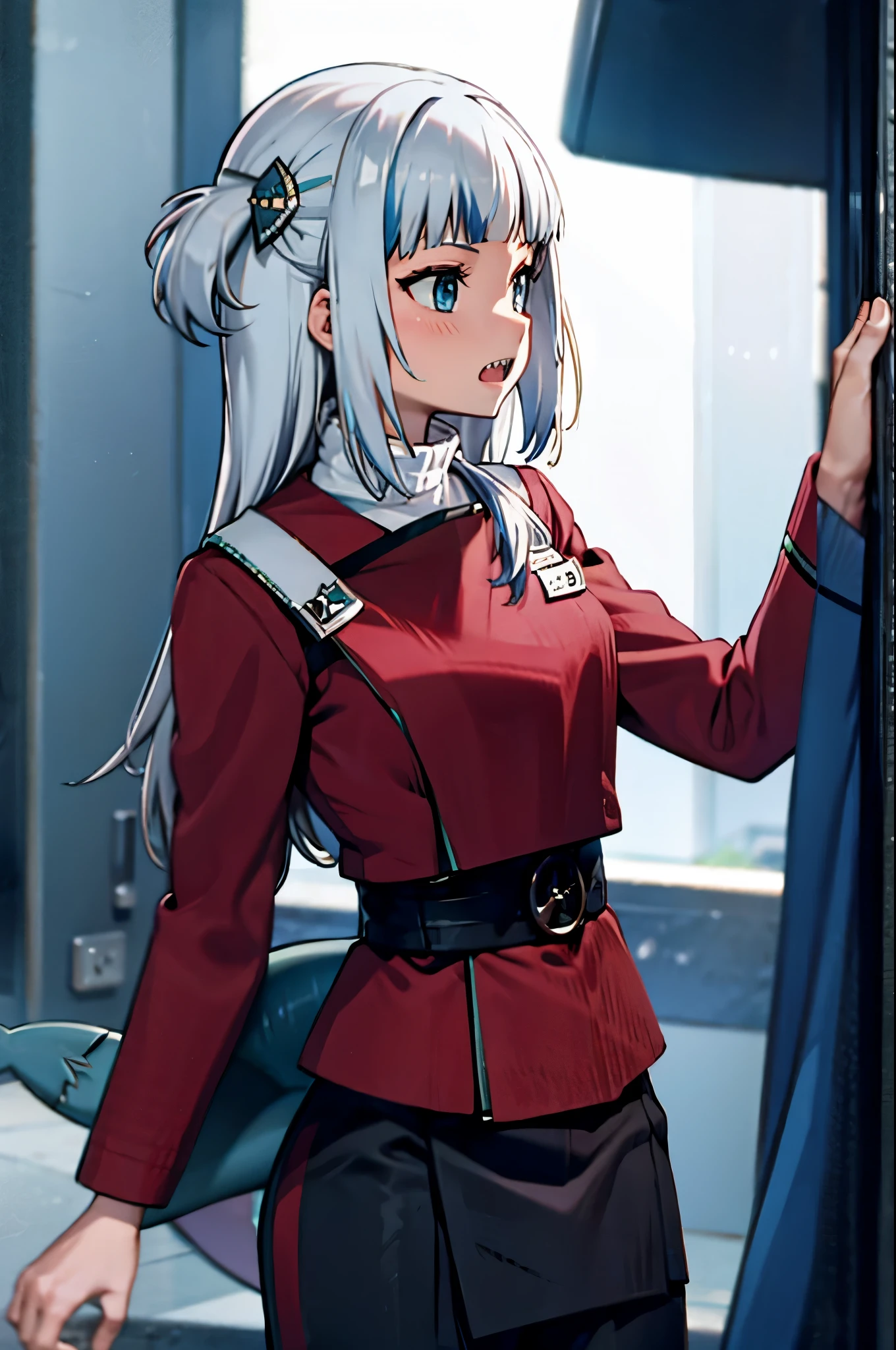 gawr gura
sharp teeth, shark tail
red twokunf uniform