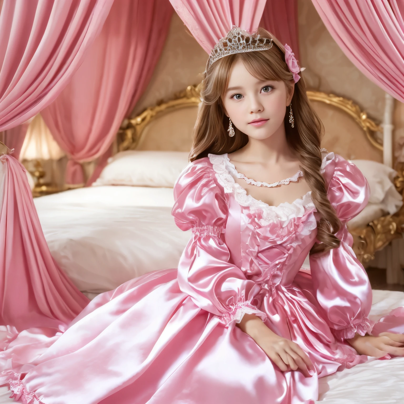 ,highest quality, masterpiece, highest resolution, artwork, super それにget used to it, many get used to it, get used to it, それにget used to it, 3K realistic photos,,((10 year old girl)),Super detailed baby face,She is a princess,Full length ball gown dress with hoop skirt,ruffle yoke collar,puff sleeves,long sleeve,((Lolita style hot pink detailed princess satin dress、Comes with lots of frills and ribbons。)),colorful rococo fashion,shiny satin dress,Soft and smooth fabric,luxury,long blonde hair,blue eyes,white skin european,pajamas,((inside the palace)),,,(( of 10 years old)),Super detailed baby face,Full length ball gown dress with hoop skirt,long skirt,ruffle yoke collar,puff sleeves,腰まで伸びるlong blonde hair,blue eyes,white skin european,pajamas,((inside the palace bedroom)),ピンクのシルクサテンのluxuryなcanopy bedの上,canopy bed,Luxurious curtains on both sides of the bed,many frilly pillows on the bed,super detailed background,Detailed bed,romantic atmosphere,the little princess is on the bed,hug a pink pillow,((((Both legs are hidden in the dress)))),the dress is spread out on the bed,soft pink silk satin comforter,soft silk satin ruffled pillow,Beautiful girl illustration,detailed beautiful face detailed hair,detailed human eye ,detailed mouth, arm details,fine hands,Detailed pillow,