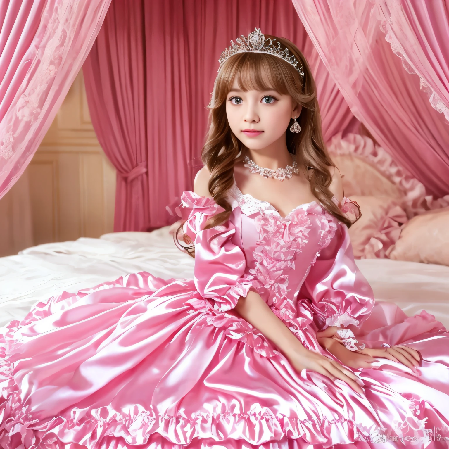 ,highest quality, masterpiece, highest resolution, artwork, super それにget used to it, many get used to it, get used to it, それにget used to it, 3K realistic photos,,(( girl)),Super detailed baby face,Srincess,Full length ball gown dress with hoop skirt,ruffle yoke collar,puff sleeves,long sleeve,((Lolita style hot pink detailed princess satin dress、Comes with lots of frills and ribbons。)),colorful rococo fashion,shiny satin dress,Soft and smooth fabric,luxury,long blonde hair,blue eyes,white skin european,pajamas,((inside the palace)),,,(( of 10 years old)),Superby face,Full length ball gown h hoop skirt,long skirt,ruffle yoke collar,puff sleeves,腰まで伸びるlong blonde hair,blue eyes,white skin european,pajamas,((inside the palace bedroom)),ピンクのシルクサテンのluxuryなcanopy bedの上,canopy bed,Luxurious curtains on both sides of the bed,many frilly pillows on the bed,super detailed background,Detailed bed,romantic atmosphere,the little princess is on the bed,hug a pink ,((((Both legs are hidden in the dress)))),the dress is spread out on the bed,soft pink silk satin comforter,soft silk satin ruffled pillow,Beautiful girl illustration,detailed beautiful face detailed hair,detailed human eye ,detailed mouth, arm details,fine hands,Detailed pillow,