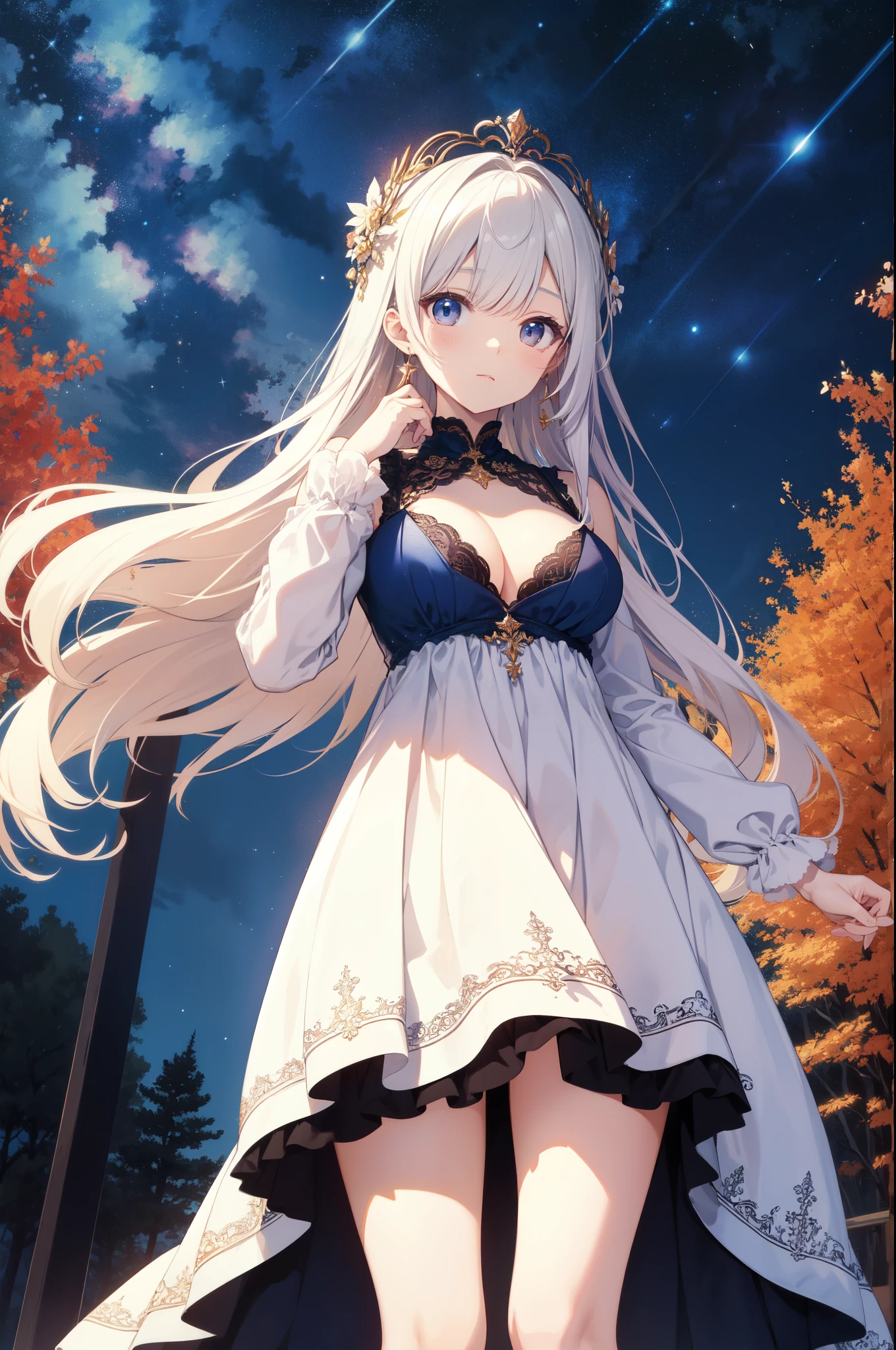 (masterpiece)、(highest quality)、((Super detailed))、(super delicate)、cute、Pastel colors hair、beautiful breasts、Gorgeous、Fantastic forest and starry sky、Golden, silver, and deep blue dress、look up from below
