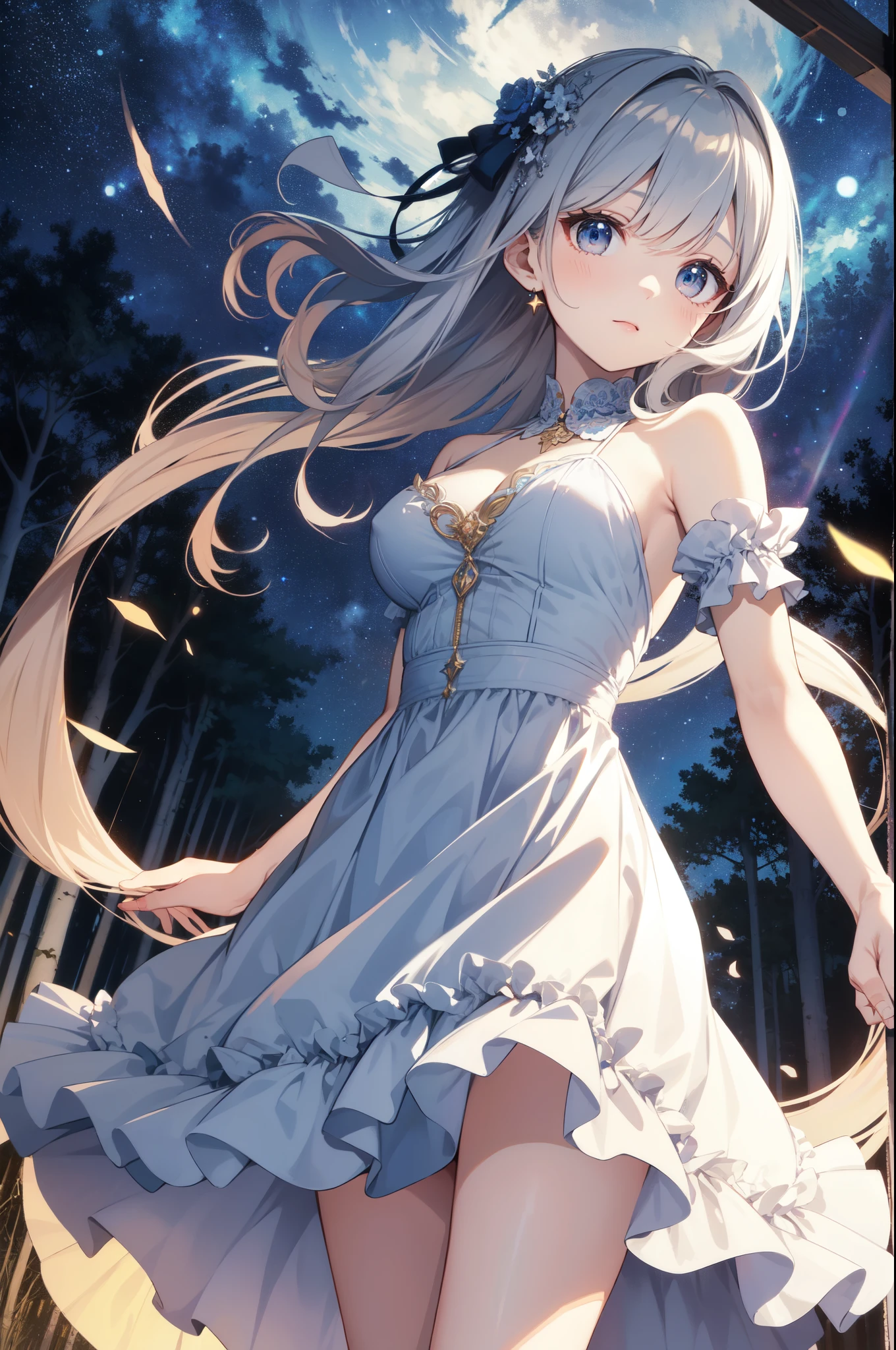 (masterpiece)、(highest quality)、((Super detailed))、(super delicate)、cute、Pastel colors hair、beautiful breasts、Gorgeous、Fantastic forest and starry sky、Golden, silver, and deep blue dress、look up from below