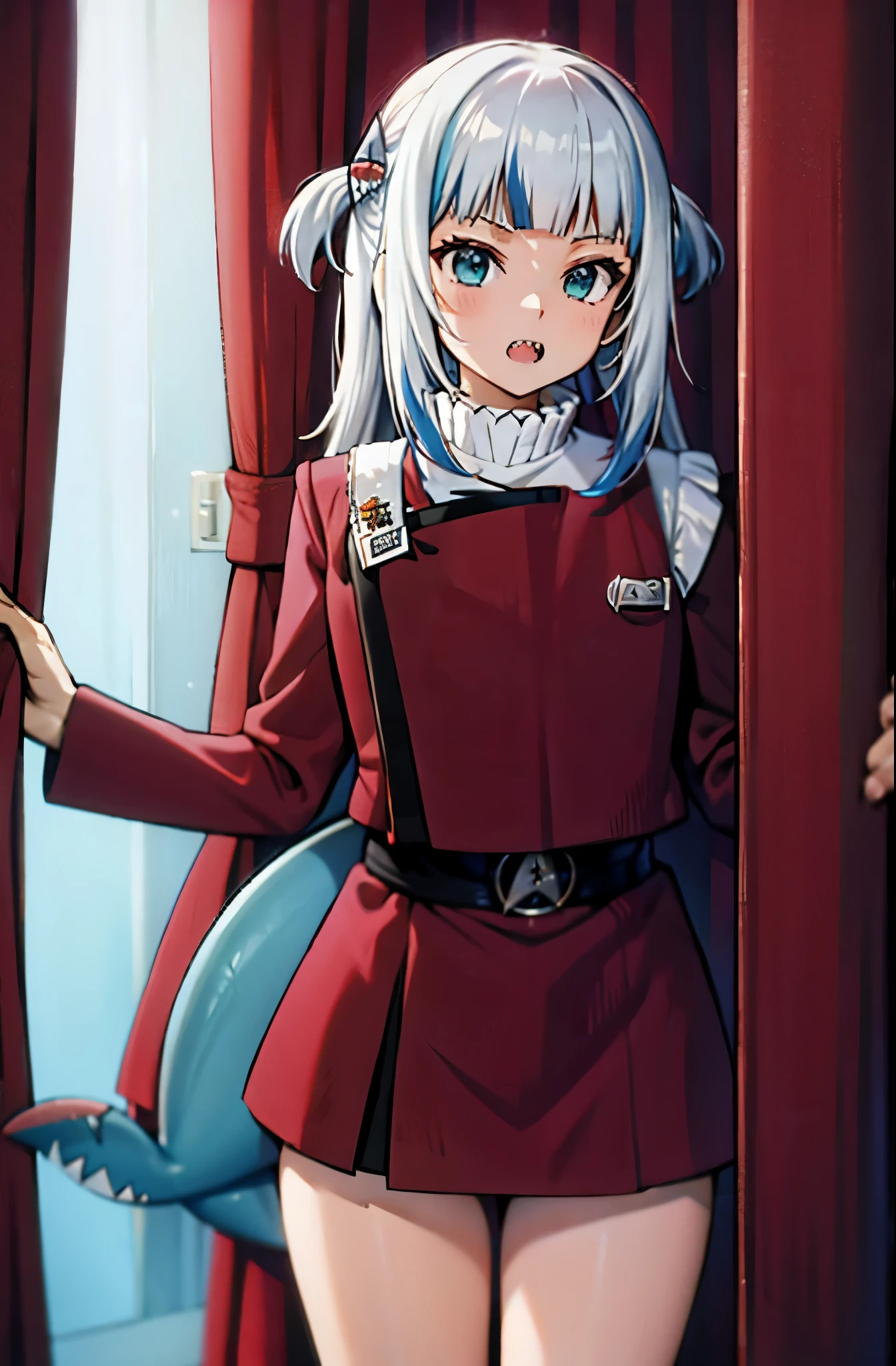 gawr gura
sharp teeth, shark tail
 red twokunf uniform