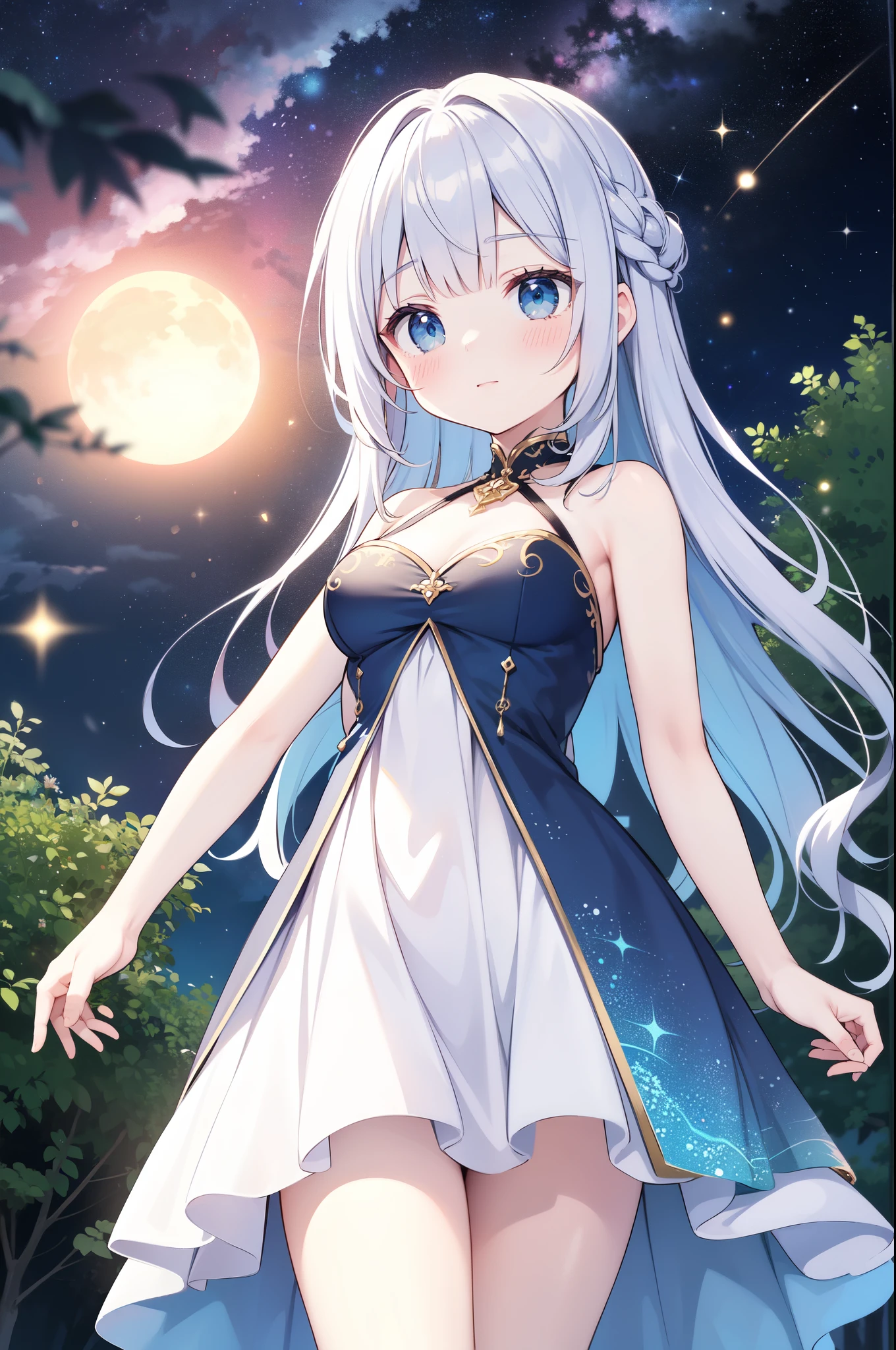 (masterpiece)、(highest quality)、((Super detailed))、(super delicate)、cute、Pastel colors hair、beautiful breasts、Gorgeous、Fantastic forest and starry sky、Golden, silver, and deep blue dress、look up from below
