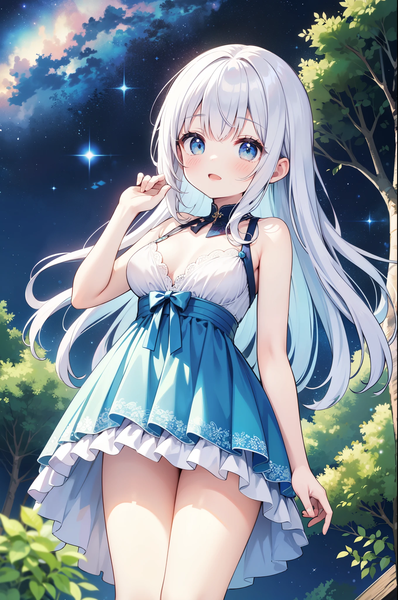 （masterpiece）、(highest quality)、((Super detailed))、(super delicate)、cute、Pastel colors hair、beautiful breasts、Gorgeous、Fantastic forest and starry sky、Golden, silver, and deep blue dress、look up from below