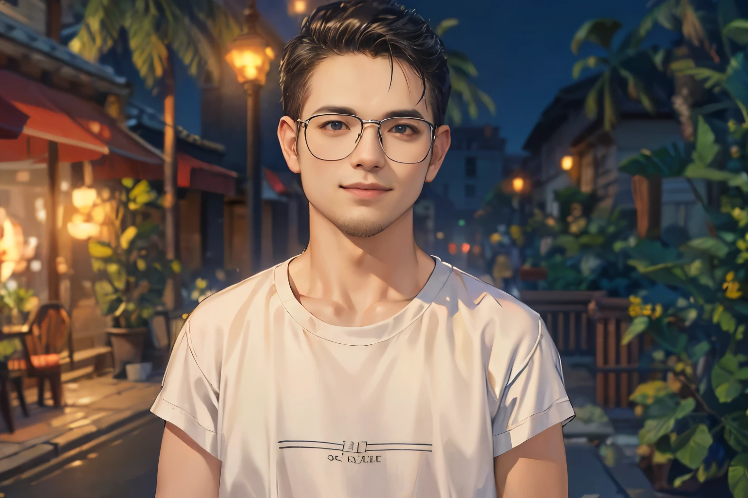 (absurdres, highres, ultra detailed, HDR), masterpiece, best quality, 1boy, handsome, short hair, finely eye and detailed face, (white t-shirt), (jean jacket), dimple, forehead, night street, night city, midnight, selfie shot, light smile