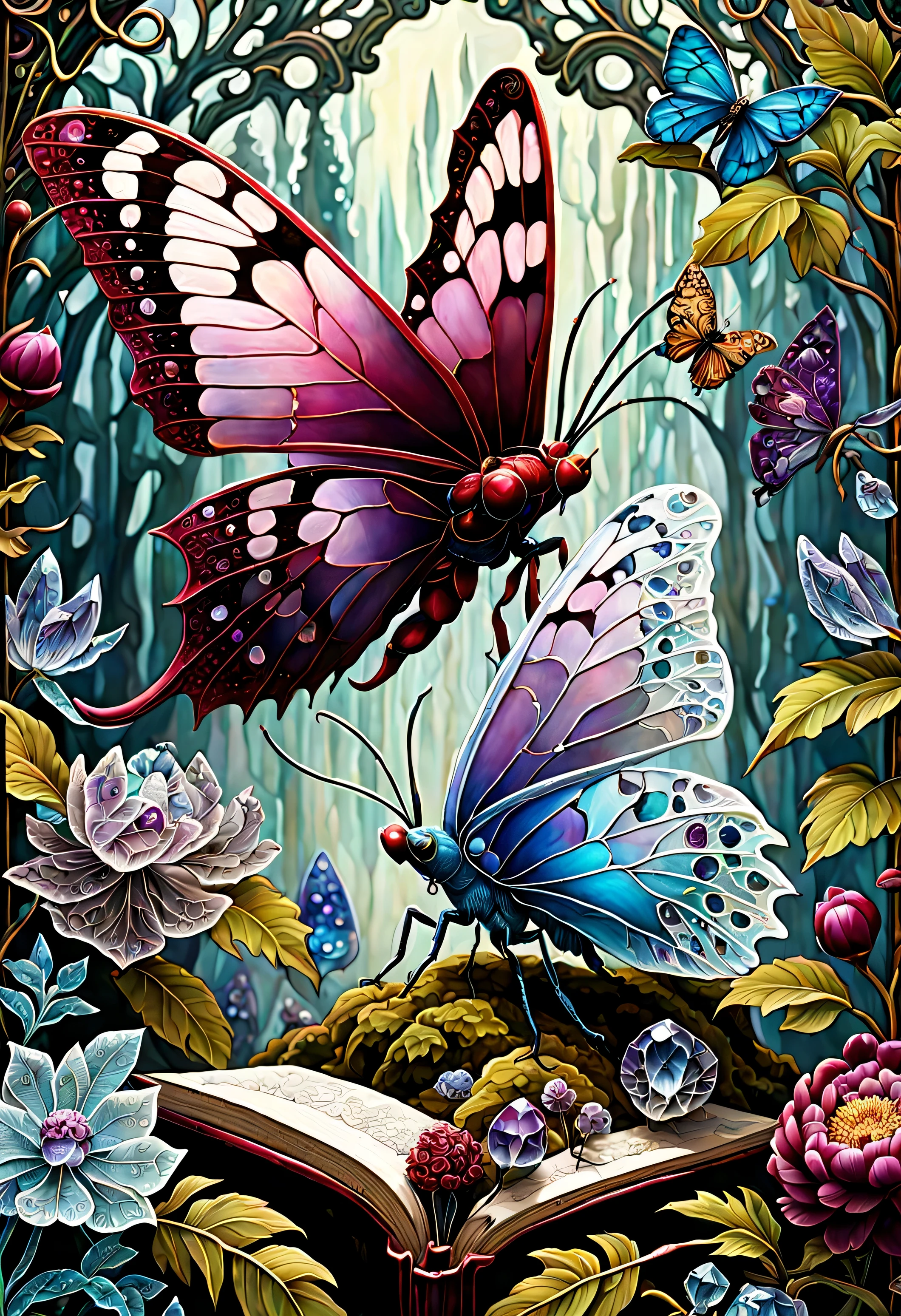 triadische Farben, filmisch, offizielle Kunst, close fairytale transparent glass moth, ruby red peony flowers, Eis Raureif, Barock, transmitted, sehr detaillierter Lepard, Amethystkristalle, schillernde Labradorit-Kristalle, Andy Kehoe, John Blanche, komplexer, sehr detaillierter Dschungelhintergrund, Buch detaillierte Illustration, Fantasie, Filigran, Filigran detailed, kompliziert, Niedlich