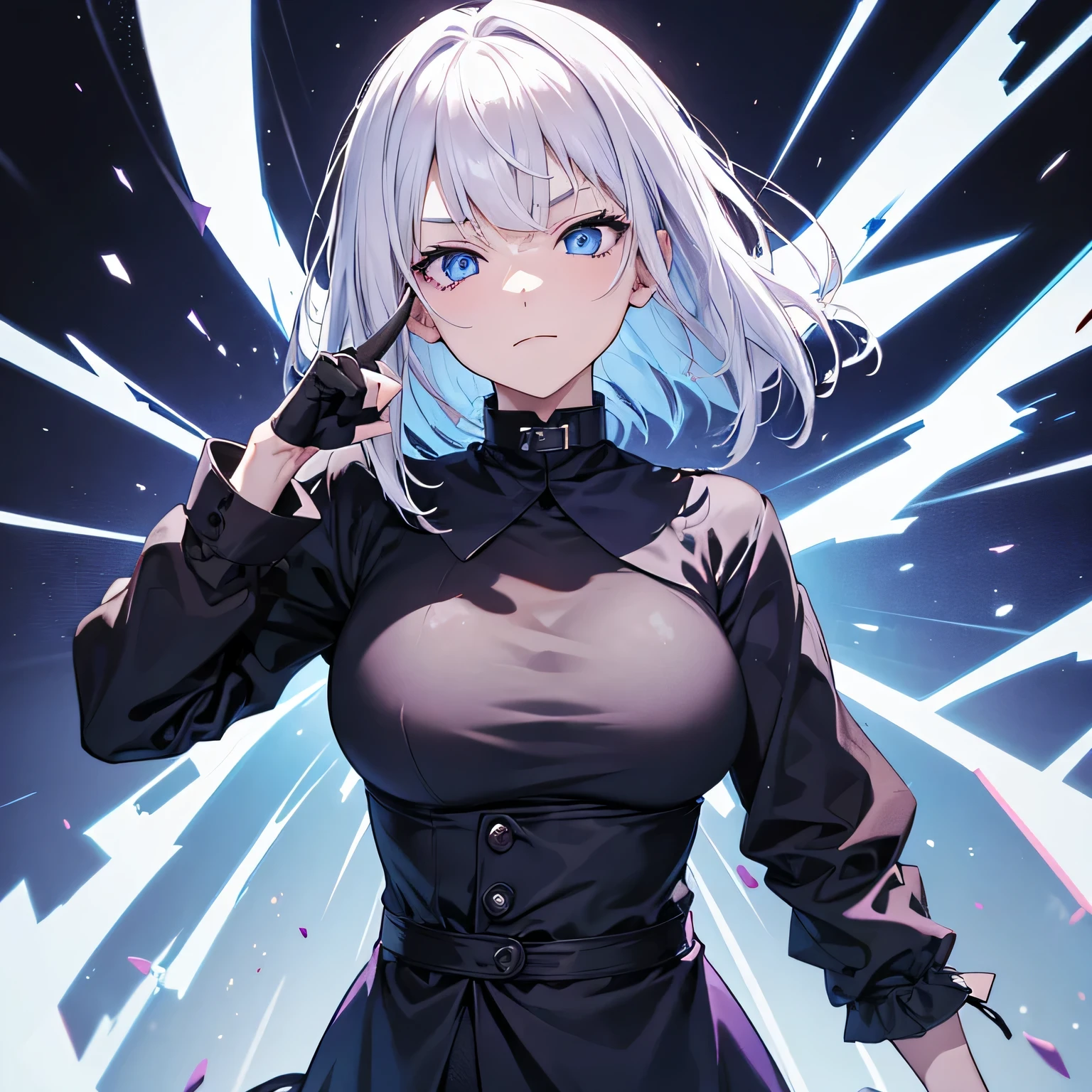 1 garota, melhor qualidade, Jujutsu Kaisen, Gojo, cabelo branco, olhos azuis, detalhado eyes, detalhado hair, female Gojo satoru, usando Void Ilimitado, anime, fundo roxo, cabelo ao vento, facing the camera, olhos bem abertos, purple aura of power behind, Imagem 4k, average hair, average , poderosa, usando um poder de ataque, controla o vazio, Bela , making a sign with your hand in front of your face, dedo average para cima e o dedo indicador ao redor do sinal de mão do dedo average, female Gojo, average hair, absolutely cabelo branco, wearing a black outfit with a very Gola alta, gola da roupa quase cobrindo a boca, mostrando peitos, , average , detalhado , detalhado hands, detalhado olhos azuis, hand sign near face, do it on camera, Close to the camera, cara de mal, cabelo curto, average hair, pano pretoes, pano preto, Gola alta, gola de roupa cobrindo a boca