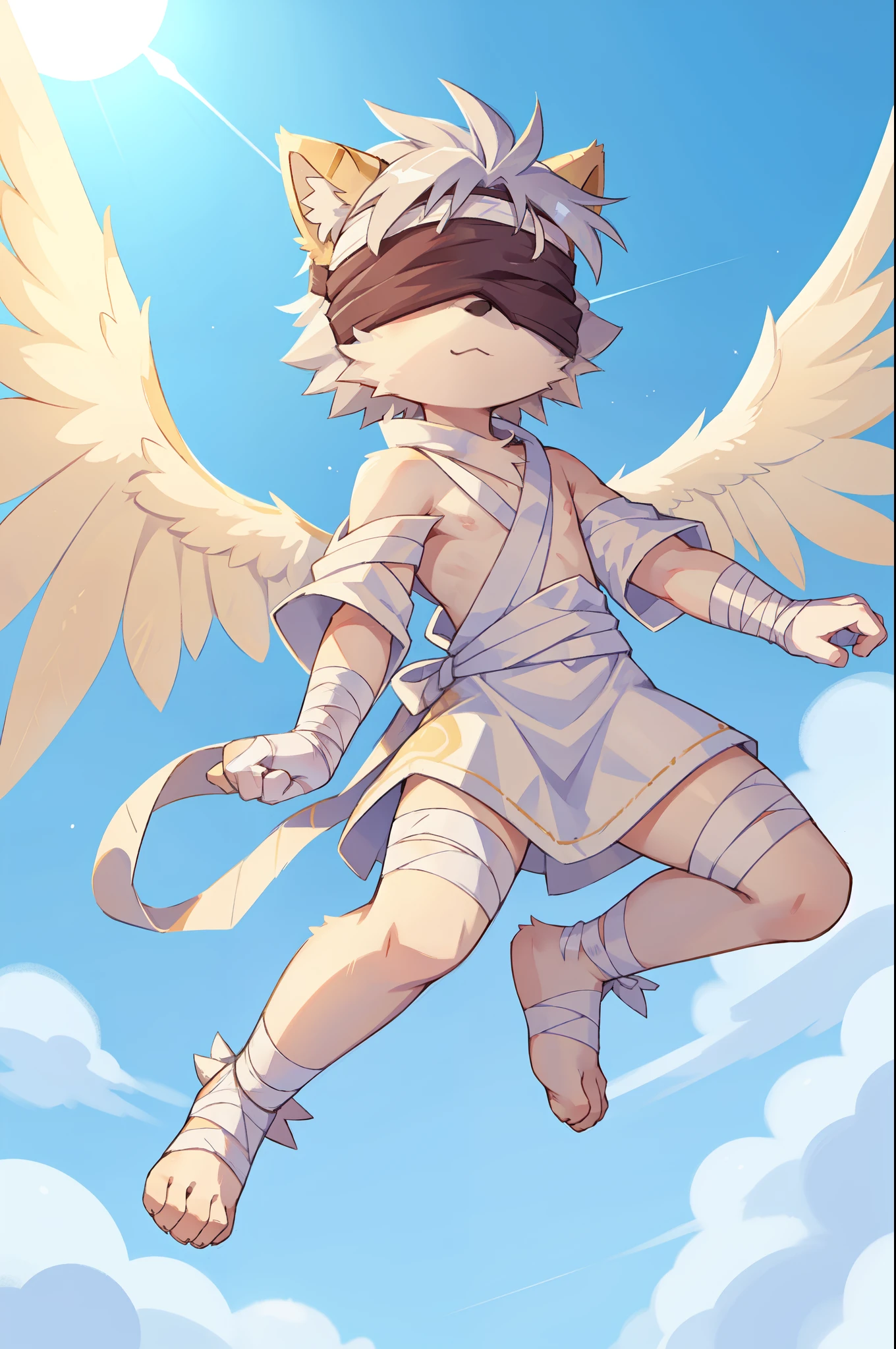 Furry boy, cat, white body fur, spiky hairstyle, silver hair, ((blindfolded, body bandages, white toga with golden pattern)), white wings, angel, full body, feets whit three toes, :3, detailed body fur, detailed body, detailed face, glistering body, shiny body, clear sky, gorgeous body, masterpiece, high quality, flying, dynamic angle,