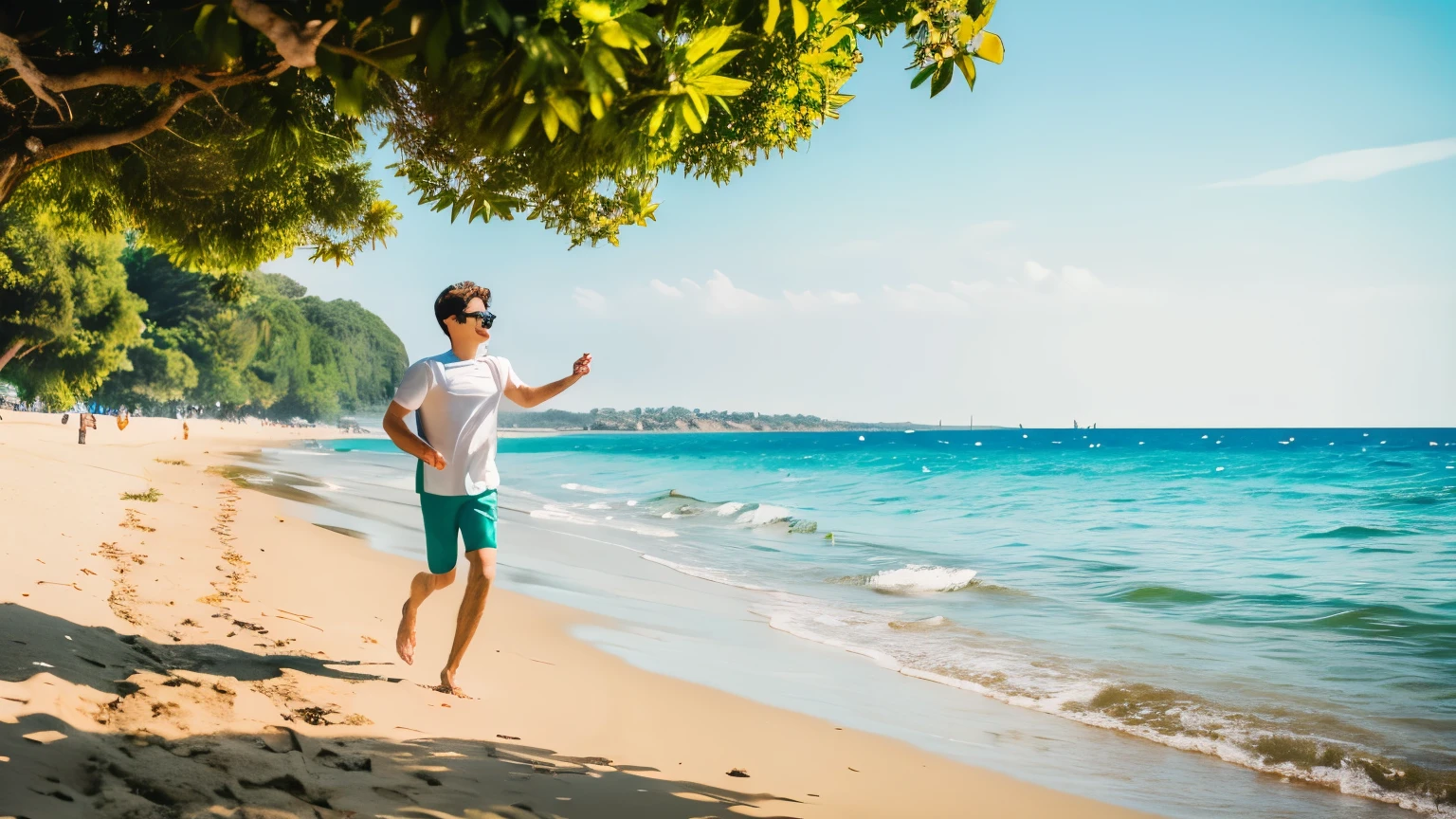 (best quality,4k,8k,highres,masterpiece:1.2),ultra-detailed,realistic:1.37,boy walking sea shore,sandy beach,calm waves,gentle breeze,serene atmosphere,reflecting the warm sunlight,tranquil surroundings,clear blue sky,beautiful horizon line,splashing water,footprints in the sand,seagulls flying overhead,boy wearing swim trunks,sunglasses,happiness and joy on his face,playful demeanor,enjoying the water,absorbed in the moment,crystalline water,soft golden sand,sparkling reflections,lush green vegetation,peaceful ambiance,seashells scattered along the shore,faraway sailboats,outstretched arms reaching towards the horizon,dreamlike colors,magical,ethereal,landscape.