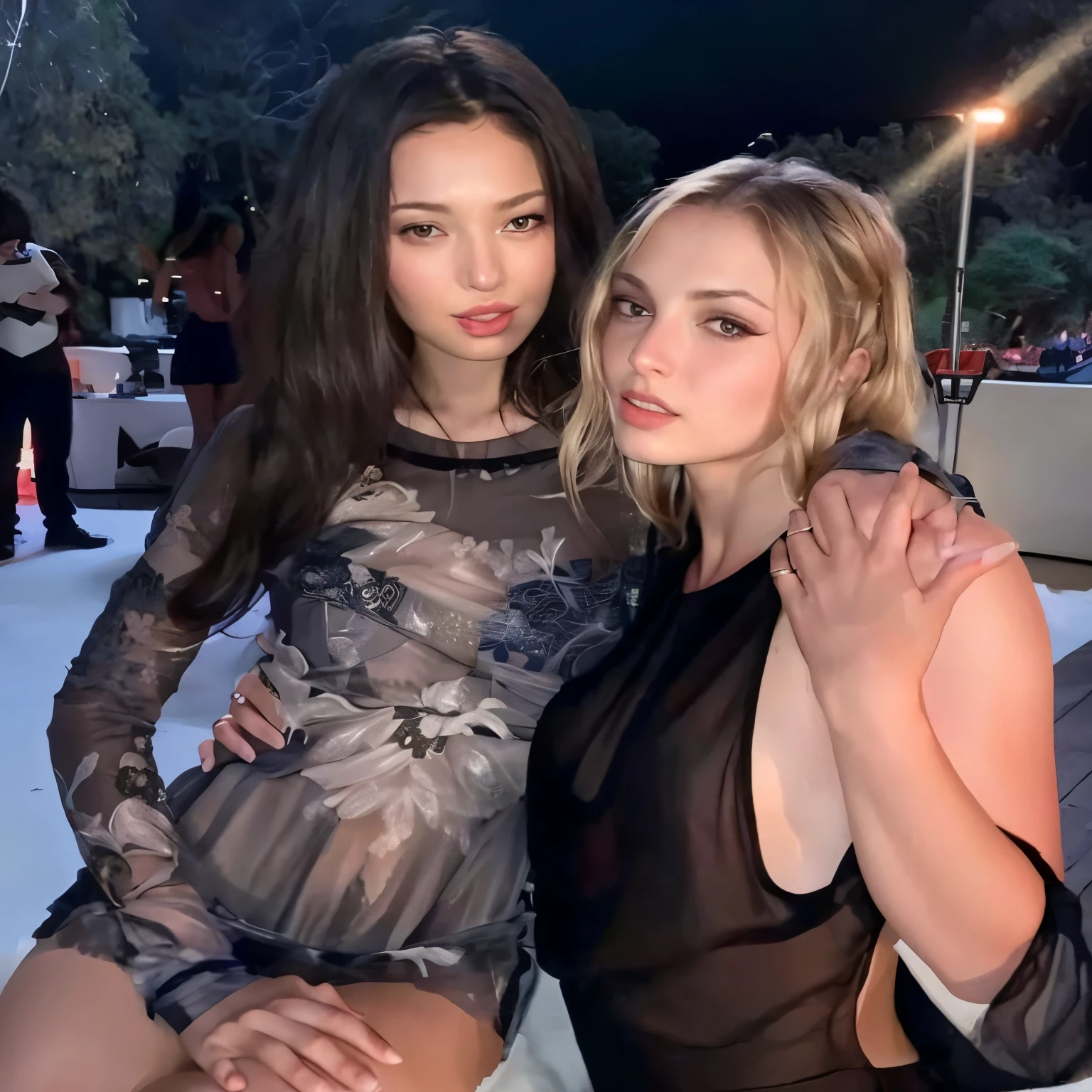 two women posing for a picture in a black dress, two models in the frame, ruan jia and mandy jurgens, 2 0 2 0 fashion, profile pic, sophie turner girl, trending, summer evening, leaked image, 🤬 🤮 💕 🎀, exclusive, sophie turner, summer night, gorgeous lady, by Seb McKinnon, inspired by Wang Duo