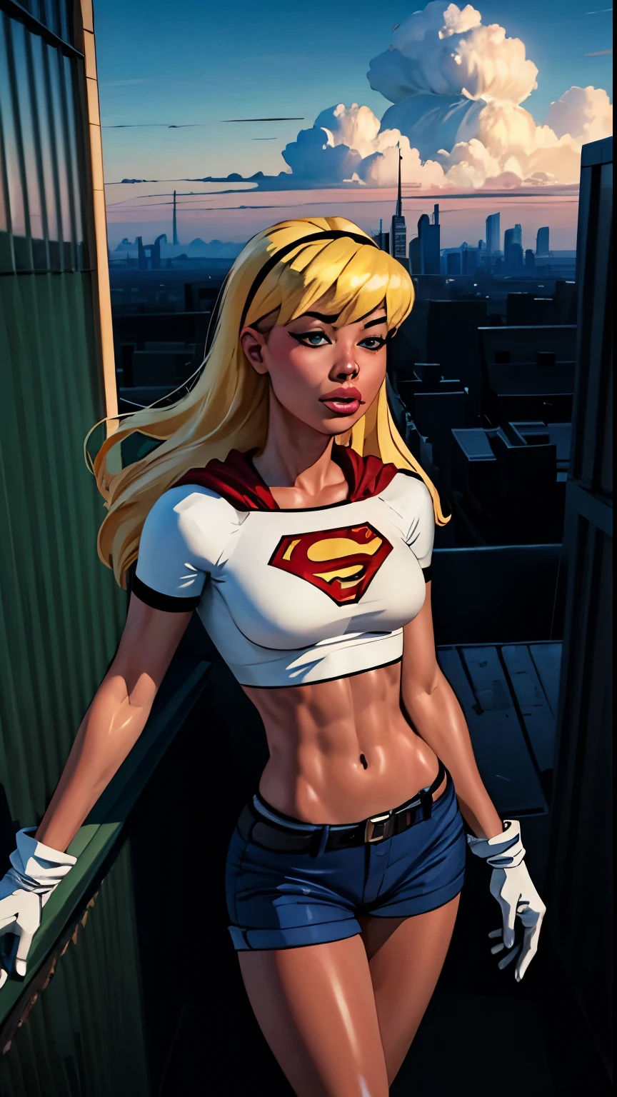 (cowboy shot), SFW, (masterpiece), (best quality: 1.0), (ultra highres: 1.0), detailed eyes,
BREAK
Supergirl, 1girl, long blonde hair,  
Hair band, \(white\) crop top, dolphin shorts, gloves, boots
BREAK
(clouds, city, stunning view)