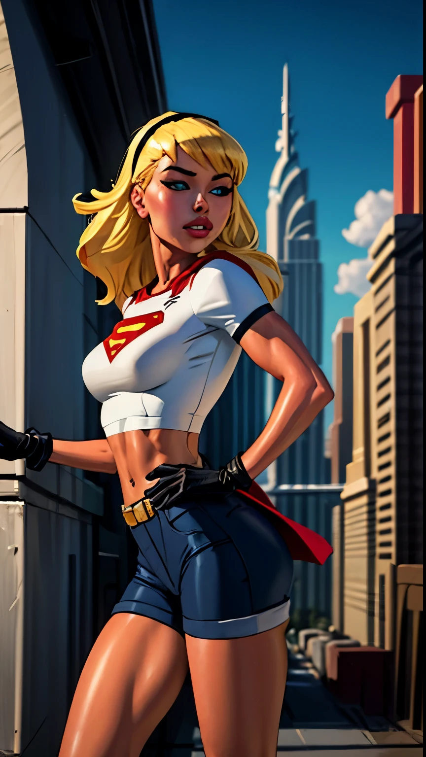 (cowboy shot), SFW, (masterpiece), (best quality: 1.0), (ultra highres: 1.0), detailed eyes,
BREAK
Supergirl, 1girl, long blonde hair,  
Hair band, \(white\) crop top, dolphin shorts, gloves, boots
BREAK
(clouds, city, stunning view)