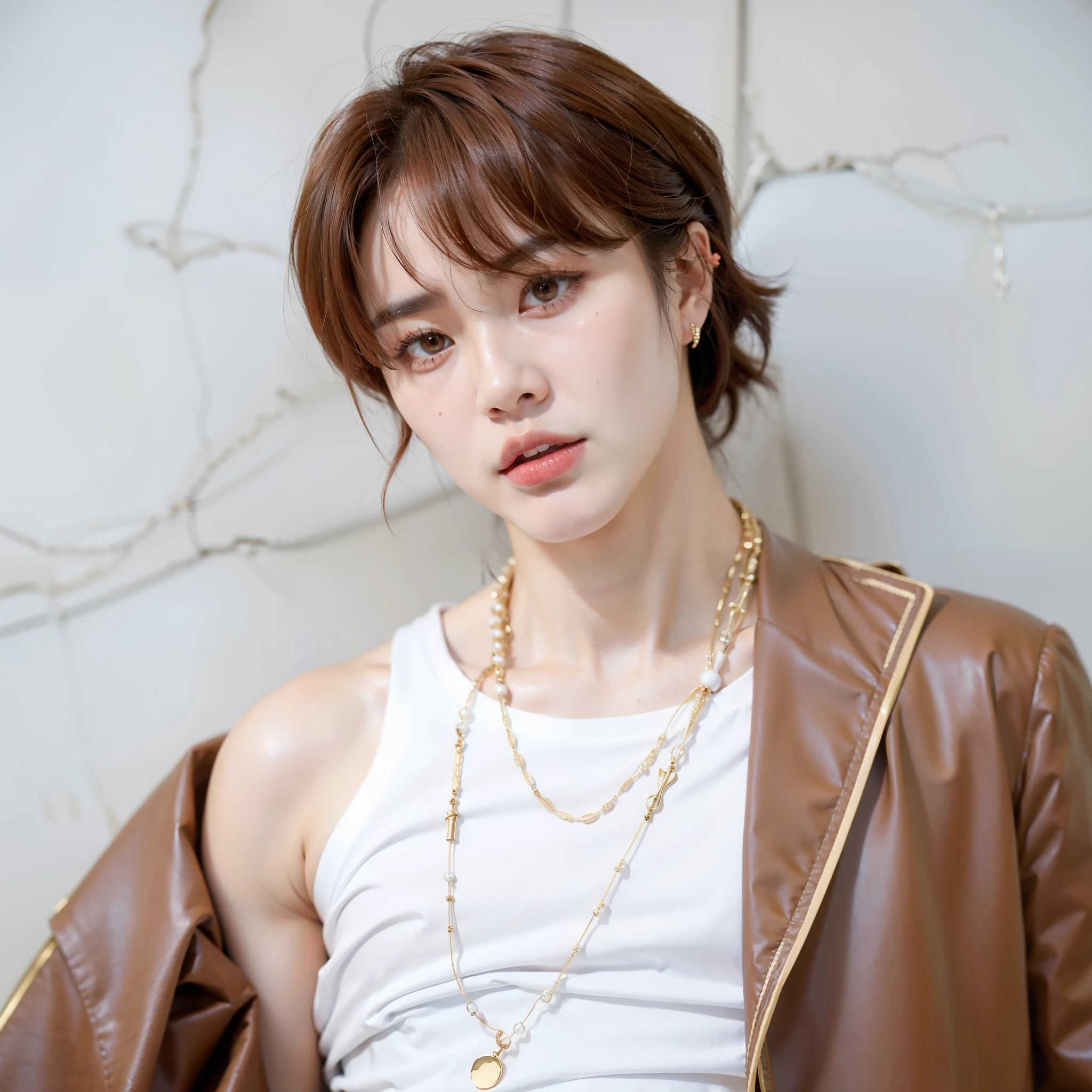 chiseled asian man in a white blouse and brown jacket, Jimin, park Jimin, Jung Jaehyun, Jimin\o nariz grego, Kim Doyoung, Jimin\the full lips, hyung tae, Jimin\the right eyelid is swollen, accurate Jimin face, taejune kim, com cabelo curto, kpop idol portrait, Jungkook