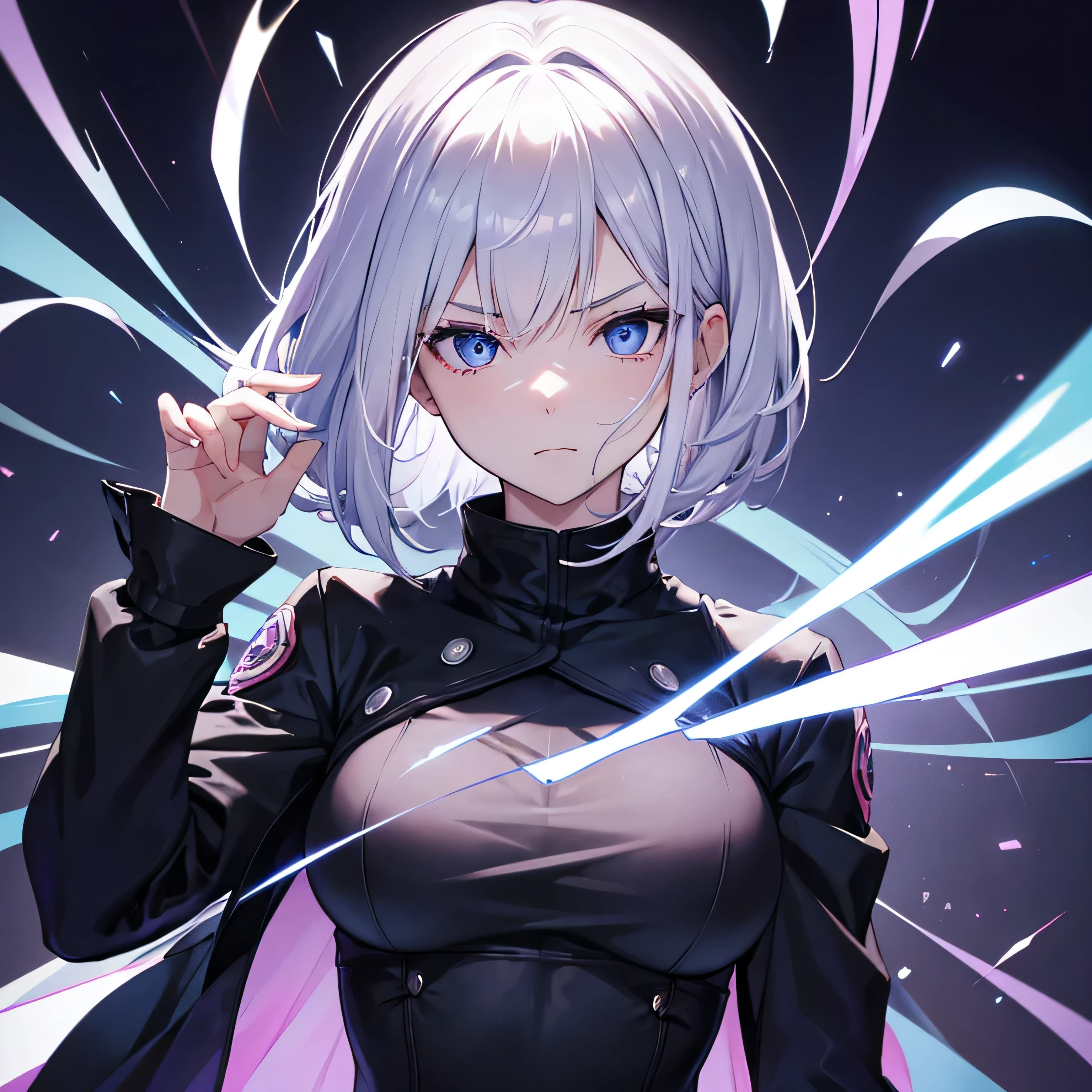 1 garota, melhor qualidade, Jujutsu Kaisen, Gojo, cabelo branco, olhos azuis, detalhado eyes, detalhado hair, female Gojo satoru, usando Void Ilimitado, anime, fundo roxo, cabelo ao vento, facing the camera, olhos bem abertos, purple aura of power behind, Imagem 4k, average hair, average , poderosa, usando um poder de ataque, controla o vazio, Bela , female Gojo, average hair, absolutely cabelo branco, wearing a black outfit with a very Gola alta, gola da roupa quase cobrindo a boca, mostrando , , average , detalhado , detalhado hands, detalhado olhos azuis, hand sign near face, do it on camera, Close to the camera, cara de mal, cabelo curto, average hair, pano pretoes, pano preto, Gola alta, gola de roupa cobrindo a boca, roupa larga, roupas muito largas, very detalhado, mostrando , tamanho average
