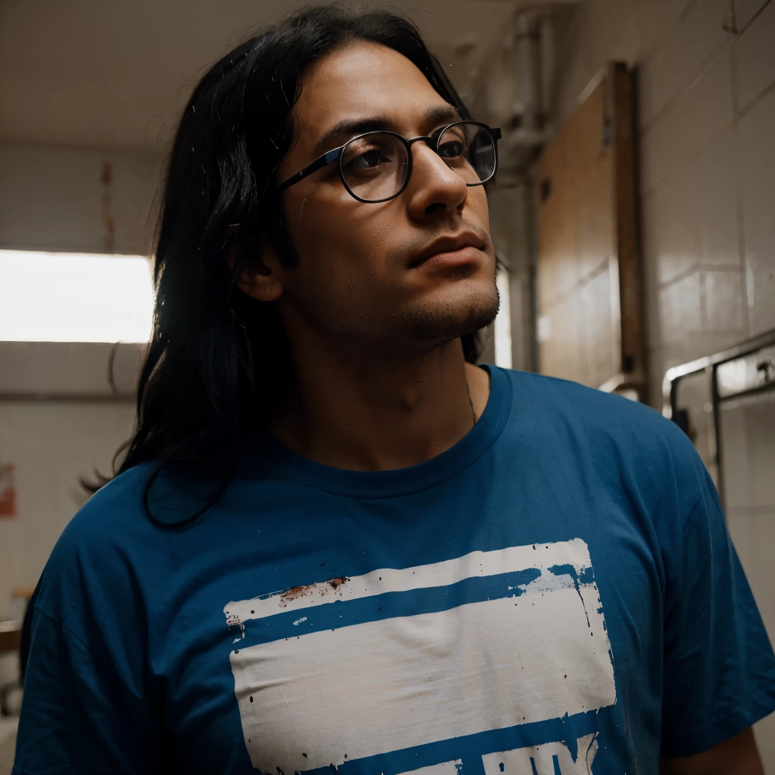Black hair man fifty years glasses old blue teeshirt with blood