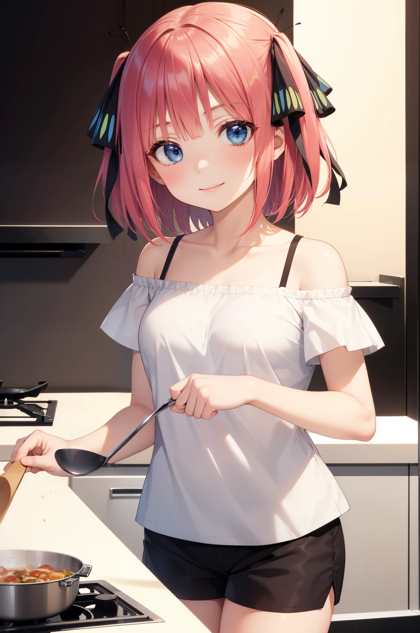ichikanakano, ichika nakano, short hair, bangs, blue eyes, hair between eyes, pink hair, Black ribbon in hair, Butterfly Ribbon, (white off shoulder shirt:1.3), (black shorts:1.3), highest quality, High resolution, unity 8k wallpaper, (beautiful and detailed eyes:1.3), highly detailed face, perfect lighting, (perfect hands, perfect ???????), cowboy shot, One&#39;Home, (Cooking dishes:1.3), kitchen background, best smile