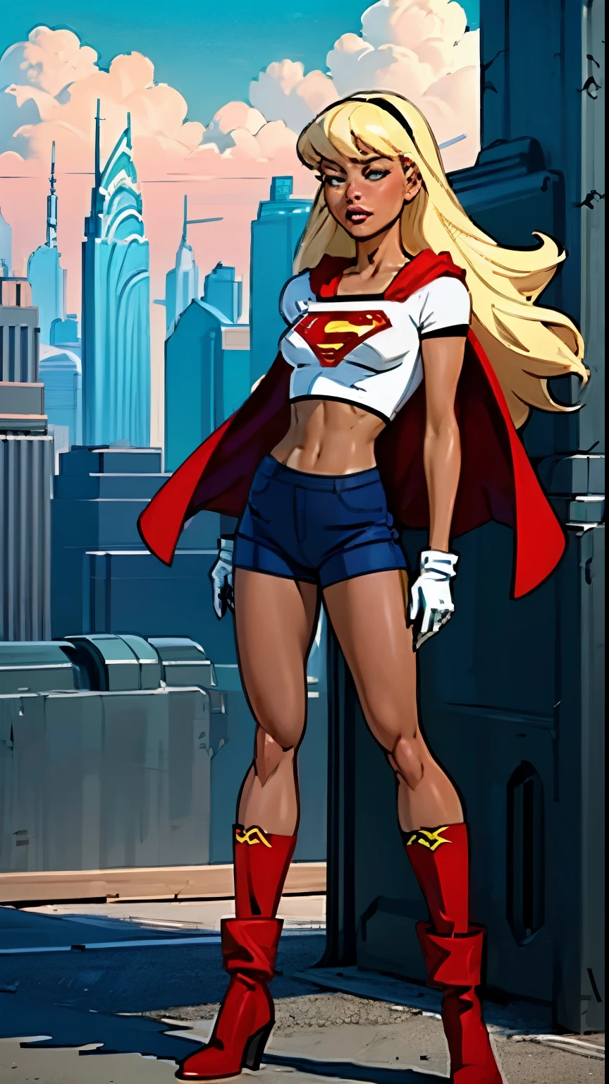 (cowboy shot), SFW, (masterpiece), (best quality: 1.0), (ultra highres: 1.0), detailed eyes,
BREAK
Supergirl, 1girl, long blonde hair,  
Hair band, \(white\) crop top, dolphin shorts, gloves, boots
BREAK
(clouds, city, stunning view)