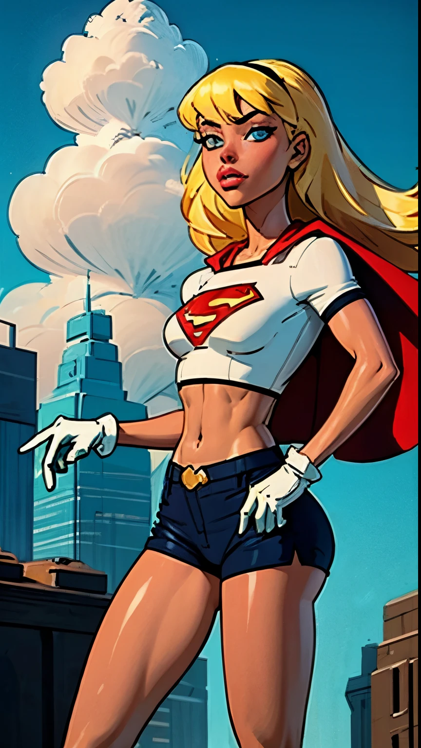 (cowboy shot), SFW, (masterpiece), (best quality: 1.0), (ultra highres: 1.0), detailed eyes,
BREAK
Supergirl, 1girl, long blonde hair,
Hair band, \(white\) crop top, dolphin shorts, gloves, boots
BREAK
(clouds, city, stunning view)