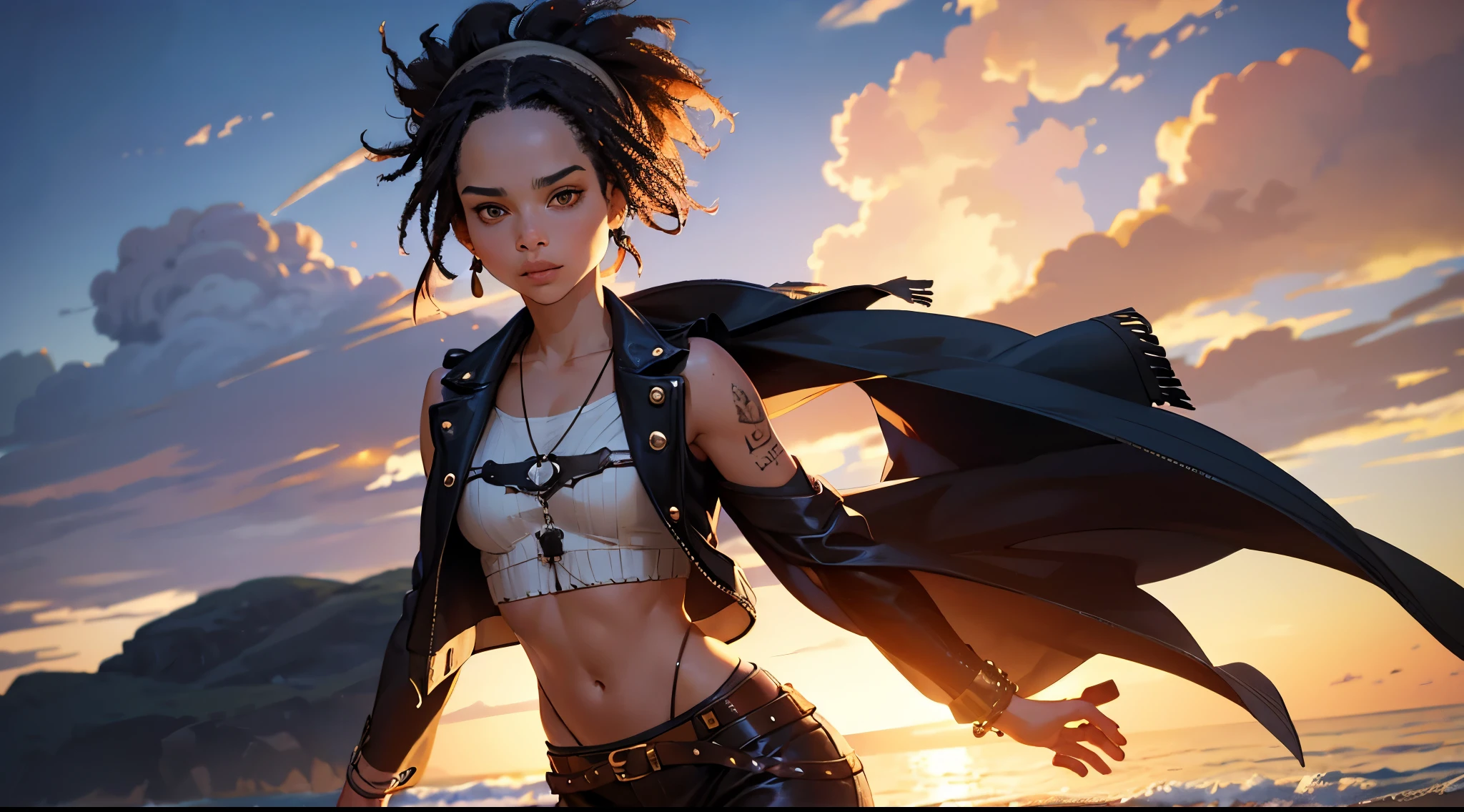 Zoe Kravitz character(1.1), Zoe Kravitz face, wonderful girl, short hair, pigtails hair, pirate clothes, white shirt, leather belts, pirate hat, tattoos(all body), brown eyes (intense color), long pants, intimidating, fantasy setting, sunset, sea coast. Image detailed, vibrant colors.