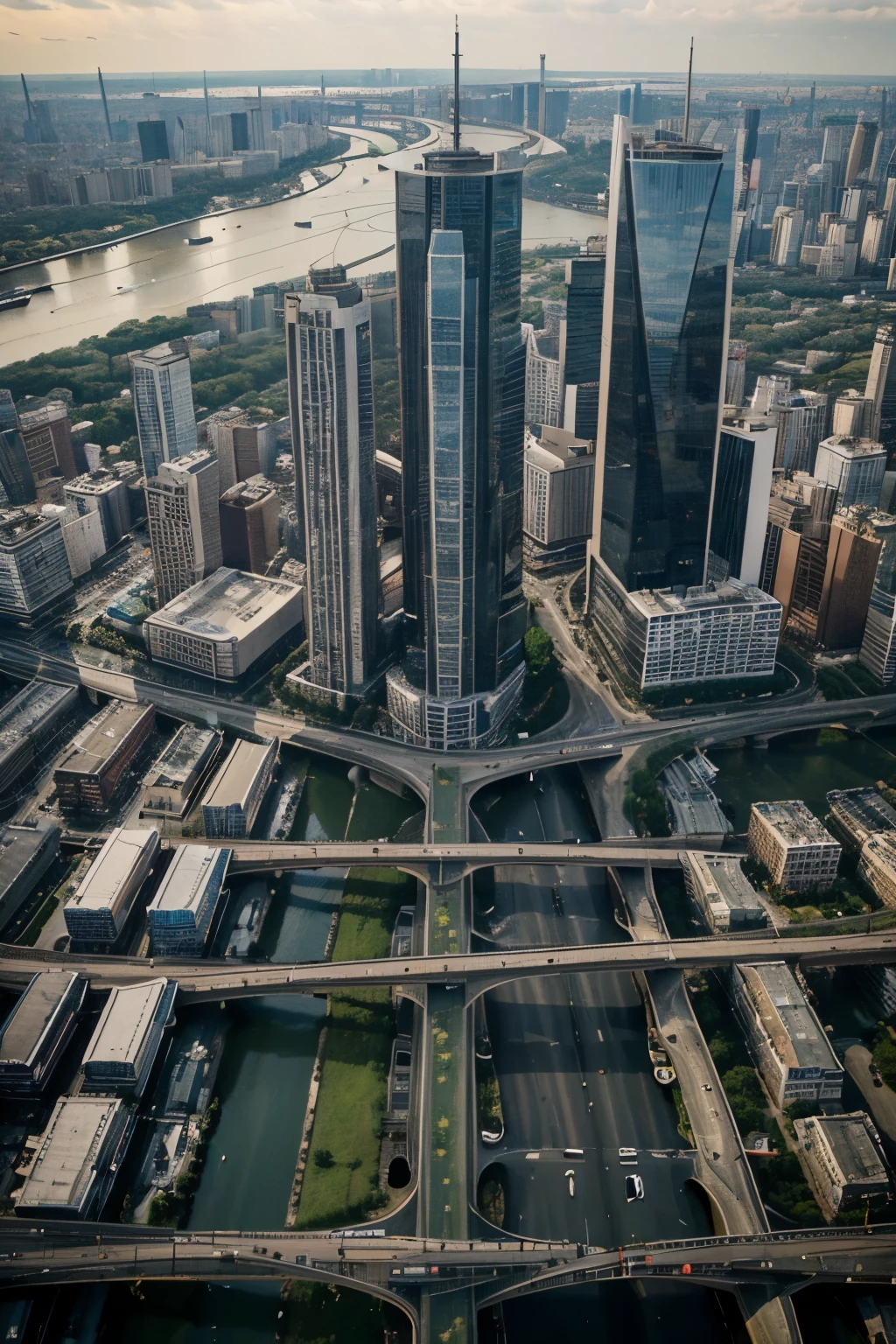 Drone Metropolitan City, towers, skyscrapers, express highway, Metro Train, River