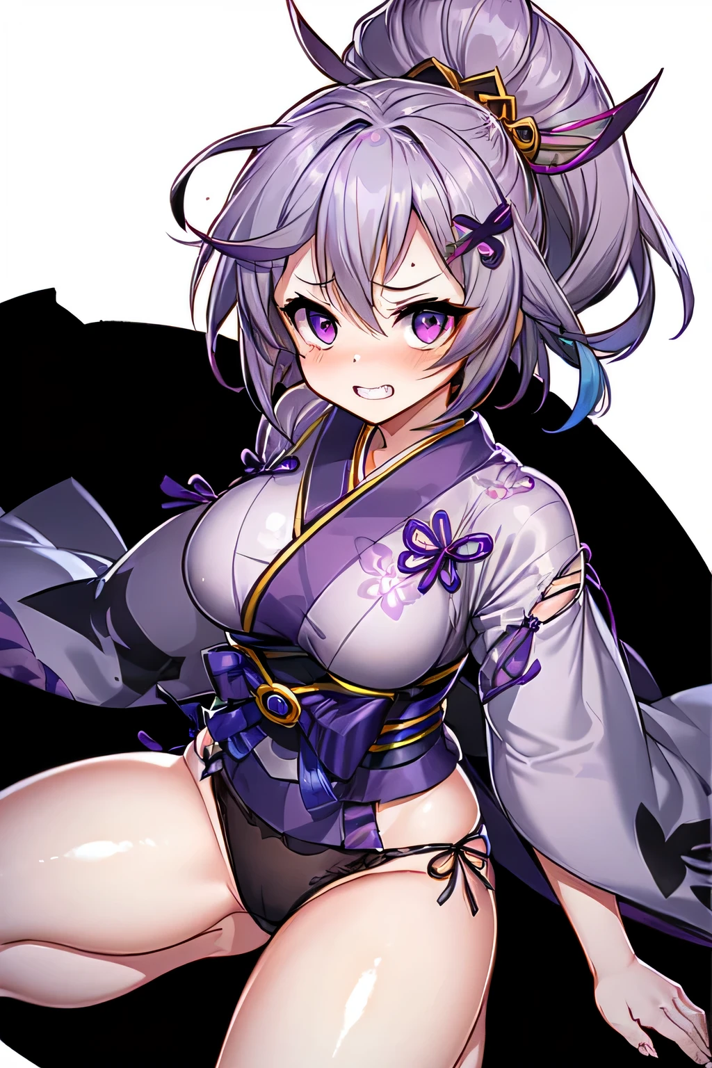 ((the best画質、the best、1 girl、Draw in detail))、((gray hair、samantha hairstyle))、(((hair with volume、Hair is sticking out on the top of the head、hair is short and bunched back、upside down back hair、Japan hair ornament、mix gray and purple hair:1.3、Mix one purple hair into the bangs、messy hair、scattered hair tips、pointed hair tips、pointed back hair)))、(purple eyes、Big eyes、round eyes)、(big breasts、Depiction of the human body、low length、open your legs、male、uncultivated々new)、(Mind's Eye:1.5、heart in the eyes:1.5、smile、climax expression、ecstasy)、((White and purple Japanese pattern furisode、black panties、samantha costume))、(((torn costume、damaged、exposure of skin)))、((blush、恥ずかnew、fear、fear、teethを食いしばる、teeth、wary、drop down、sitting、spread your legs、open your legs、crotch line))、((heart shaped eyes))、(inside the cave、darkness）