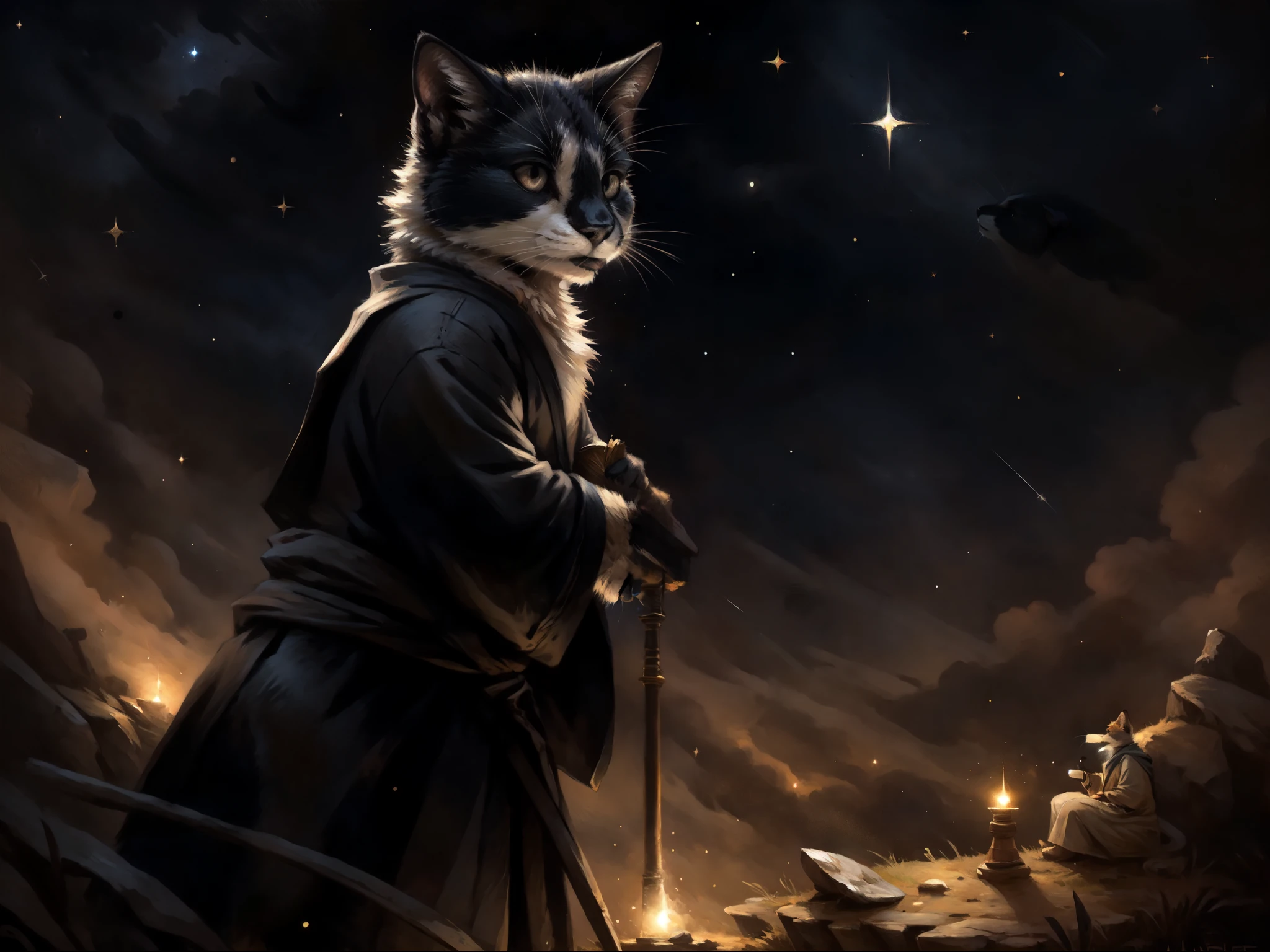 By kenket, Leo, a black and white bicolor cat, black lower lip, standing on hind legs, slightly chonky, wearing astronomers robe, in a magical stargazing tower, looking through an ancient magical telescope pointed at the starry sky, realistic, close up