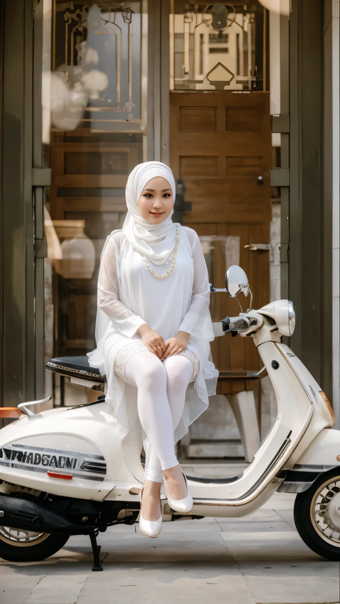 RAW, Best quality, high resolution, Masterpiece: 1.3, Indonesian woman wearing hijab, (40 years), plump, wearing white kebaya, Javanese gamis, dress, beautiful Javanese hijabi with pearl skin wearing tribal slaves, heels, Masterpiece, white high stockings, A gentle smile, sitting on a Vespa Dior