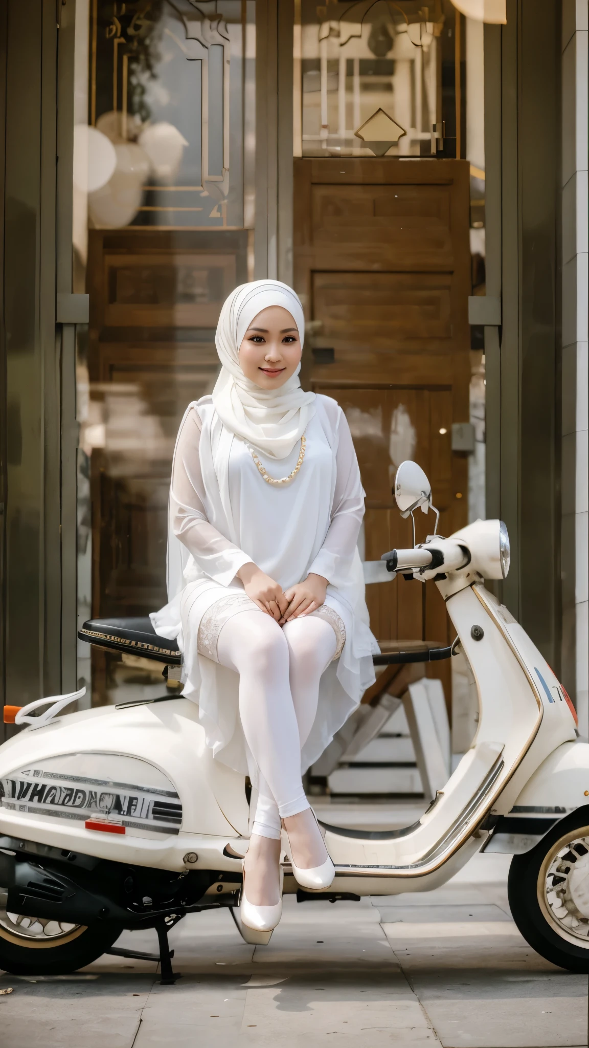 RAW, Best quality, high resolution, Masterpiece: 1.3, Indonesian woman wearing hijab, (40 years), plump, wearing white kebaya, Javanese gamis, dress, beautiful Javanese hijabi with pearl skin wearing tribal slaves, heels, Masterpiece, white high stockings, A gentle smile, sitting on a Vespa Dior