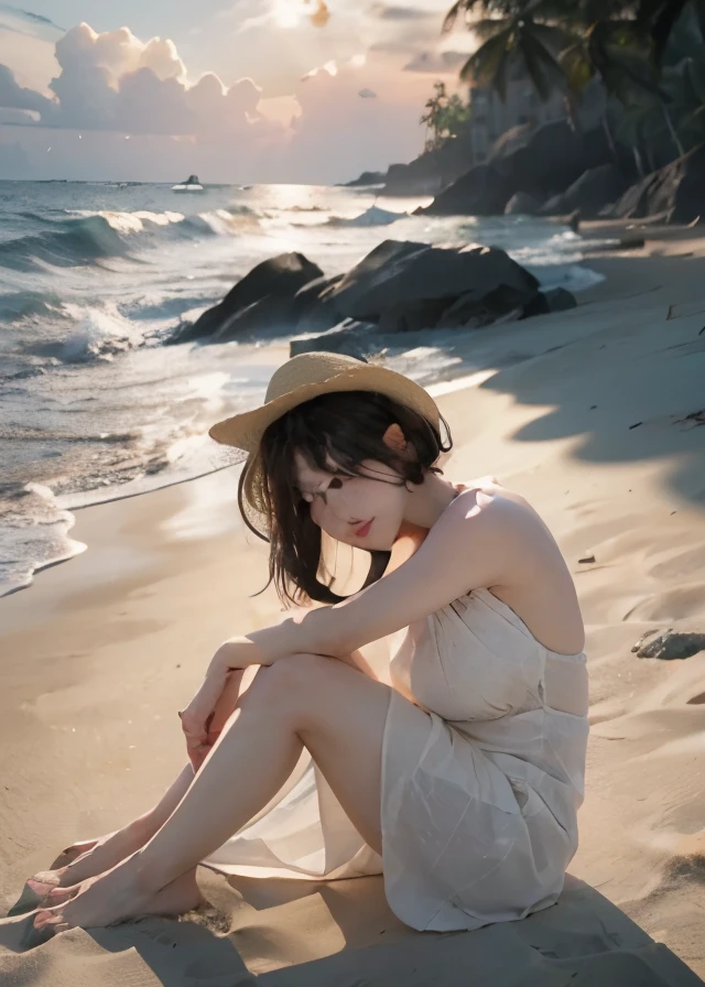 High definition,high resolution,be familiar with,((perfect face and body shape)),big breasts,Summer sunset,Ocean,sandy beach,black hair,short hair,white dress,((Right eye is hidden by long bangs)),straw hat,Sleeveless dress,(anatomically correct:1.5)