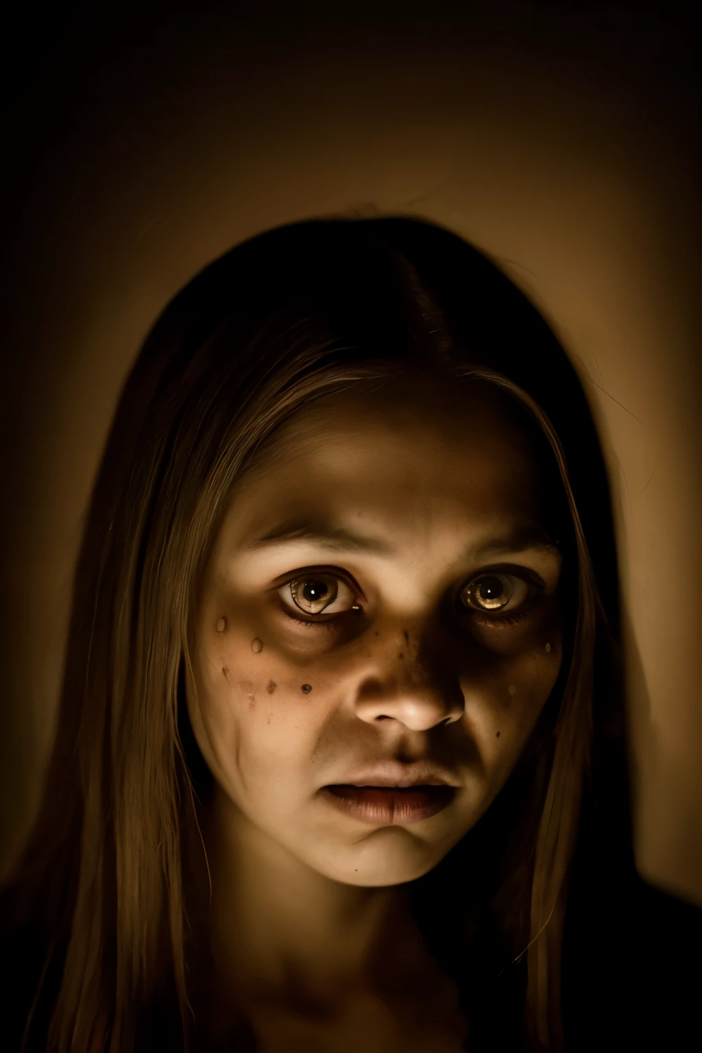 Young terrific lady ghost with broken teeth and her hand is placed on her hauntingly expressions, her eyes portraying a dangerous and terrifying gaze. The Indian lady, pregnant and radiating an aura of otherworldly terror, exposes her decaying teeth in a chilling display. Her intricately detailed features, including the pores on her skin and the texture of her clothing, are illuminated by the dimly lit surroundings. In the dimly lit atmosphere, her haunting presence is captured in high resolution with a film grain effect, emphasizing the eerie ambiance of the scene. Detailed focus on her ghostly visage, ensnaring the viewer's attention with her unsettling