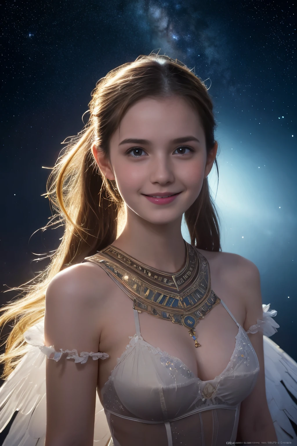 Masterpiece, Best quality, 8k, 18 ans, Photo brute, absurdes, Award-winning portrait, sourire, sourire, pure, Risiken, dress, cosmic ornate fractal lingerie made of stars, angle shot from top, ponytail, spaceship