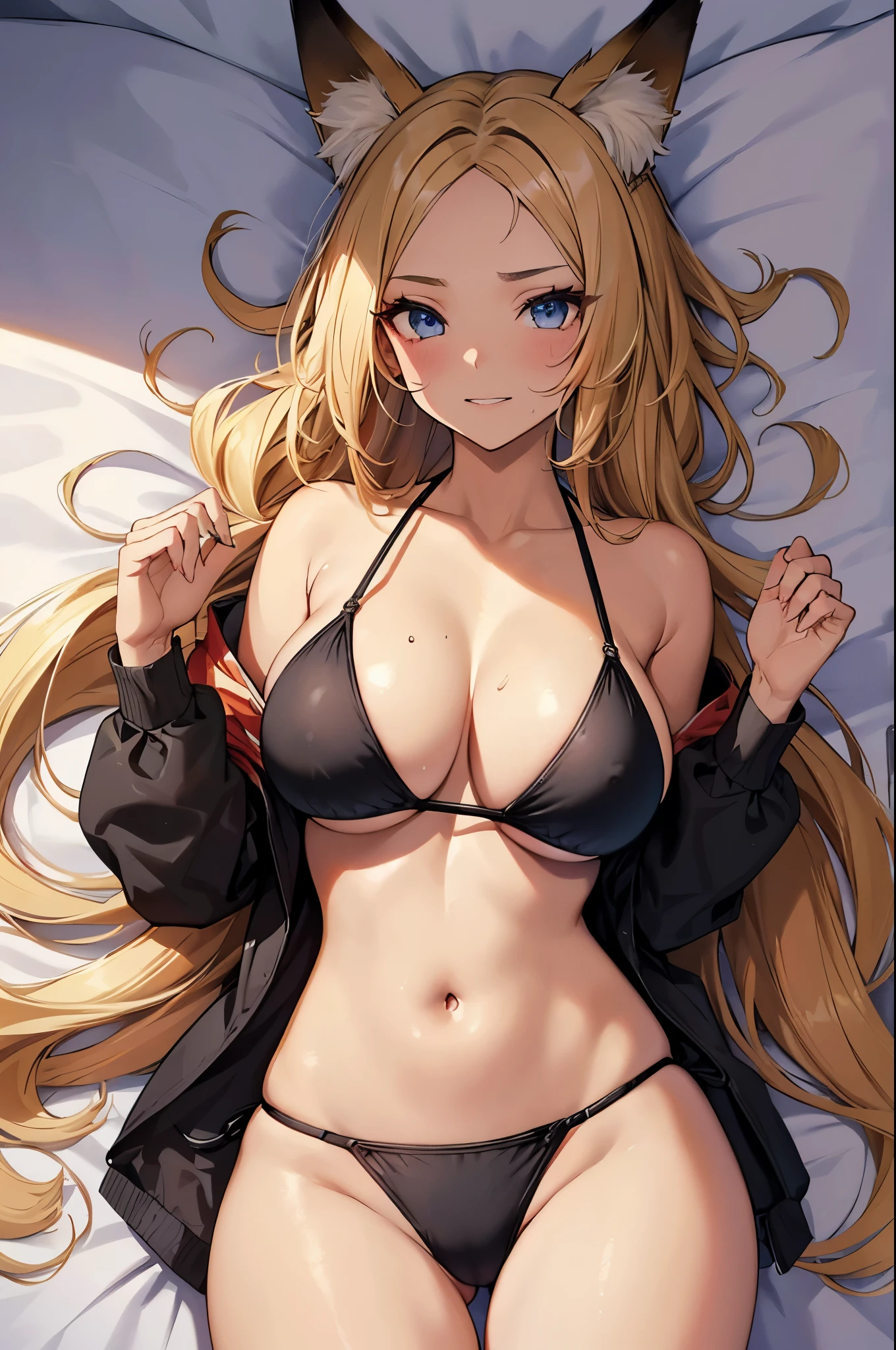 ((bed room)), ((on the bed)), (((face-up lying))), one girl, thighs, (sweat), (wet skin), ((erotic)), ((sensual)), (Wall in background), (simple background), (Close-up of a girl), warm color scheme, Extremely exquisite body, beautiful detailed glow, cinematic lighting, 4K illustration, masterpiece, best quality, by top artist, by famous artist, by plo artist, (Authentic shiny skin texture), (Soaked skin), (radiant skin), ((tan skin)), ((tanned skin)), (((glamour body girl))), (((huge breasts))), (((big tits))), (((simple bikini))), (((black Triangle bikini))), ((fox ears)), ((animal tails)), (((blonde hair))), ((((Forehead)))), ((streaked hair)), ((dip-dye hair)), (blue eyes), (slant eyes), (grin), (white teeth), full makeup, Eyeshadow, Mascara, Eyeliner, False eyelashes, lash extensions