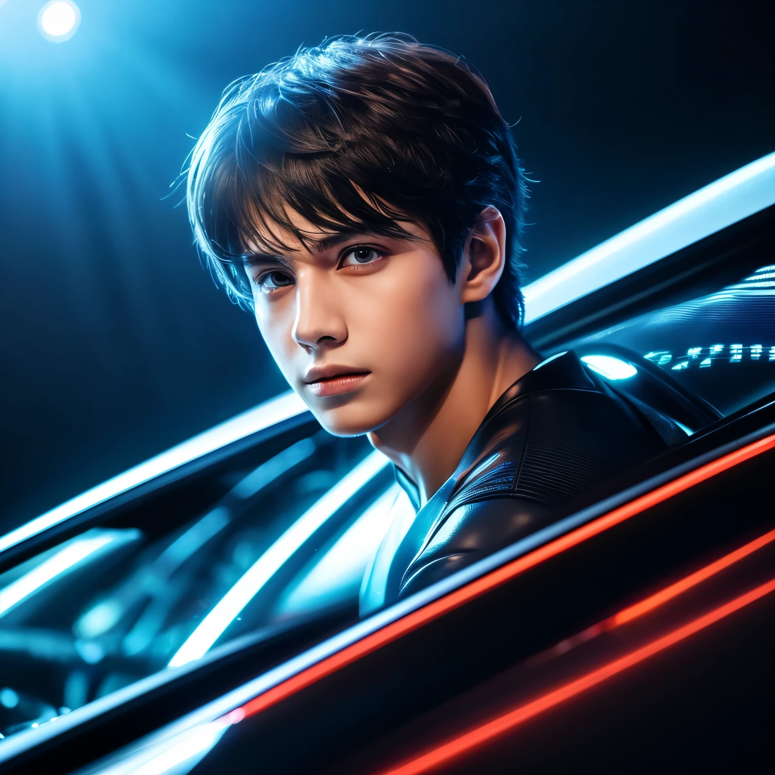 Boy with car futuristic background realistic face 8k ultra high quality hd