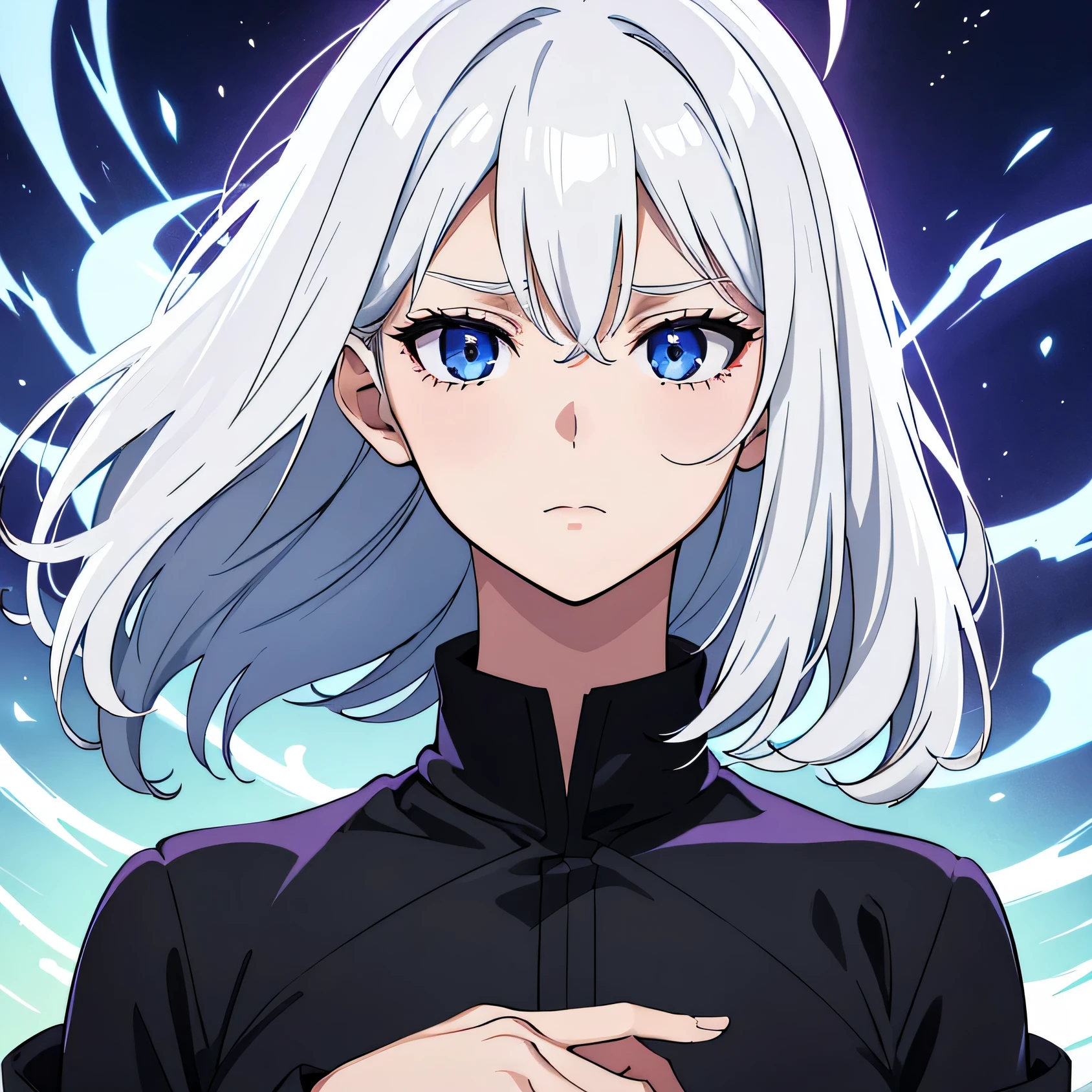 1 garota, melhor qualidade, Jujutsu Kaisen, Gojo, cabelo branco, olhos azuis, detalhado eyes, detalhado hair, female Gojo satoru, usando Void Ilimitado,  anime, fundo roxo, cabelo ao vento, facing the camera, olhos bem abertos, purple aura of power behind, Imagem 4k, average hair, average , menina poderosa, usando um poder de ataque, controla o vazio, Bela , female Gojo, average hair, absolutely cabelo branco, wearing a black outfit with a very Gola alta, gola da roupa quase cobrindo a boca, mostrando , , average , detalhado , detalhado hands, detalhado olhos azuis, hand sign near face, do it on camera, Close to the camera, cara de mal, cabelo curto, average hair, pano pretoes, pano preto, Gola alta, gola de roupa cobrindo a boca, roupa larga, roupas muito largas, very detalhado, mostrando , tamanho average, olhos azuis, light olhos azuis, detalhado eyes
