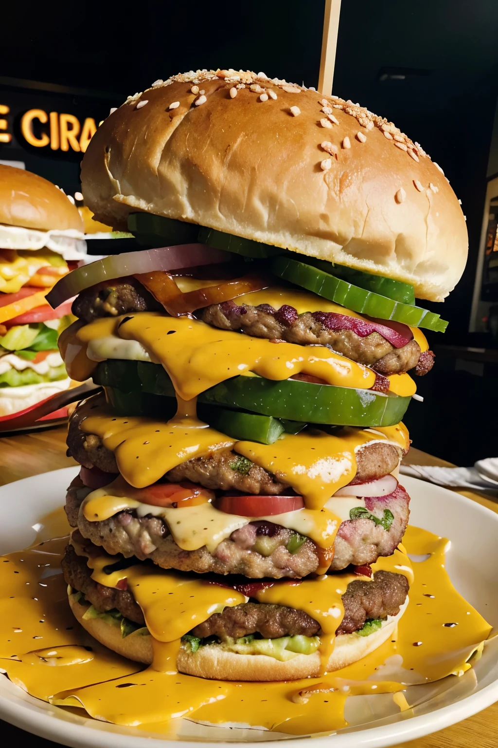 The main subject of this prompt is the "best massive xxl burger in town." It is a mouthwatering, indulgent culinary creation that promises to tantalize taste buds and satisfy even the most voracious appetites. In this image, captured in a vibrant photograph, the burger is showcased in all its glory - a towering masterpiece of succulent beef patties layered with melted cheese, crispy bacon, and a plethora of fresh, colorful toppings. Each ingredient is flawlessly arranged, amplifying the burger's visual appeal and inviting one to imagine its rich, juicy flavors. The image exudes an air of undeniable quality, inspiring an insatiable desire to experience firsthand the sheer deliciousness of this magnificent, larger-than-life culinary delight.