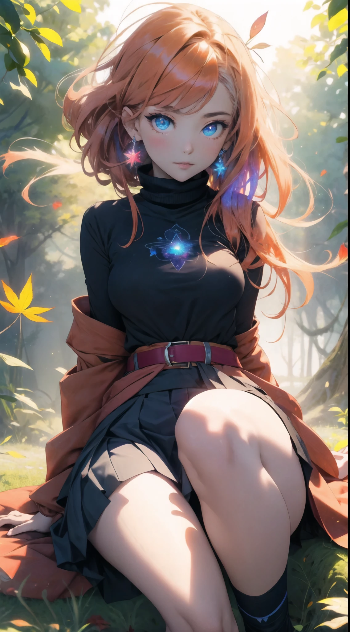 sexy, erotic, lewd, sitting,  detailed face, perfect face, lots of leafs, lots of detailes, colorful, galaxy eyes, fire hair, astral projection, astral energy, wind, windy weather, leafs, chakras, energy body, knee length skirt