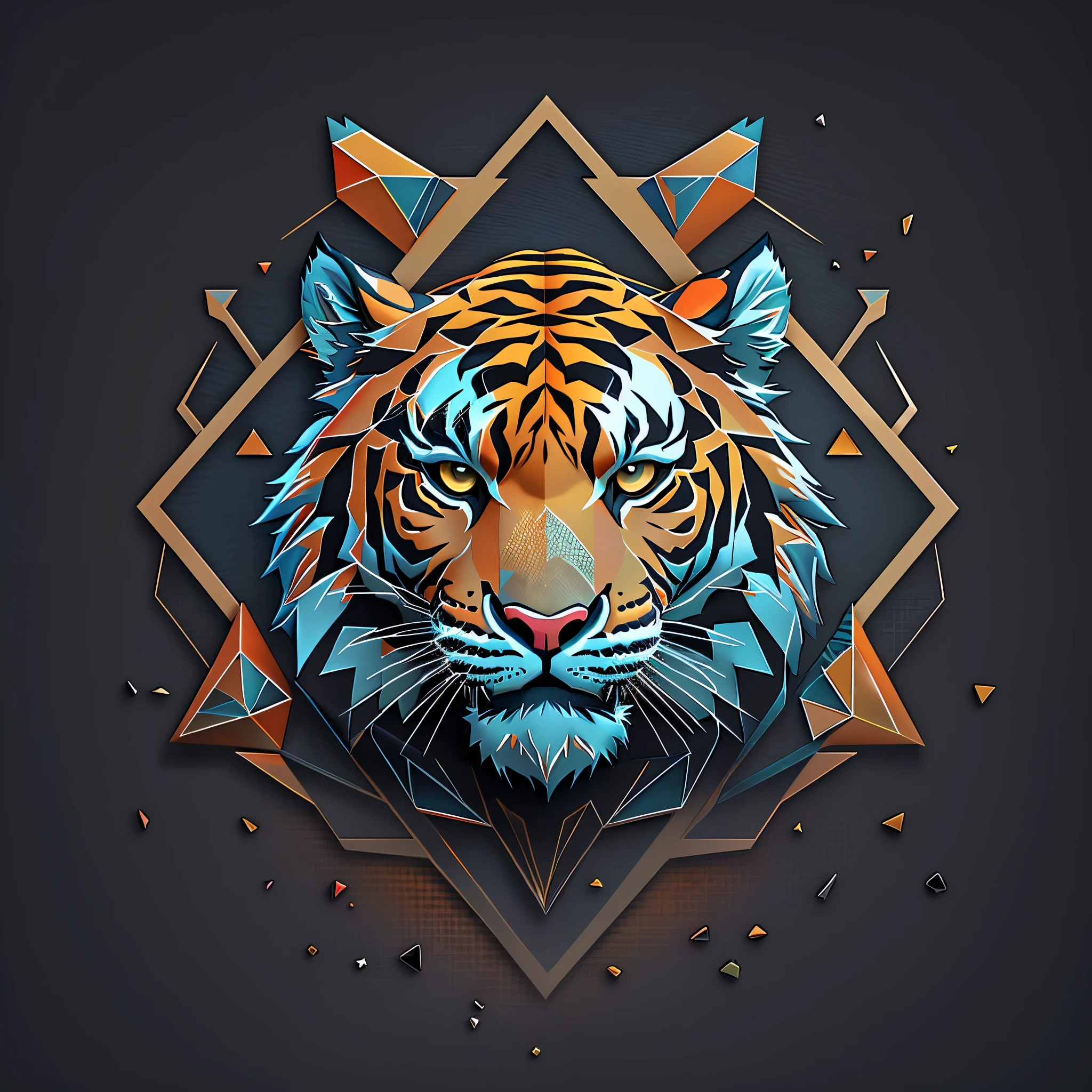 Vector tiger logo with geometric design, tiger head, tiger face, ((tiger)), tiger, low poly vector illustration, tiger_beast, sacred tiger, cosmic tiger, vector illustration, a tiger, low poly style, (red and orange colors), low polygons illustration, anthropomorphic tiger, tigers, polygonal art, ((black background))