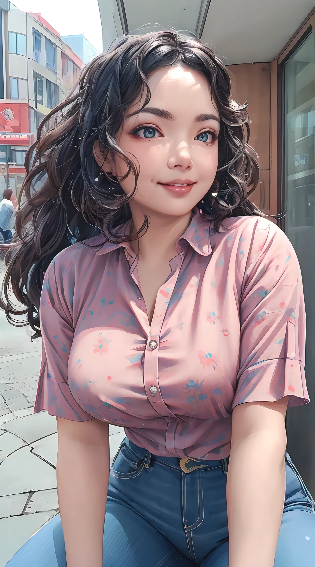 (best quality, masterpiece, ultra-detailed, photorealistic:1.3), wavy hair, wide hips, printed blouse, jeans, city park, outdoors