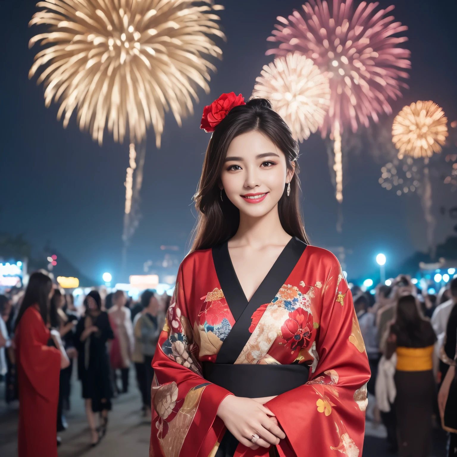 (highest quality、masterpiece、8K、Award-winning work、Highest image quality)、Kimono Beauty、beautiful kimono、Summer festival、The most dazzling giant fireworks、huge fireworks in the night sky、bright giant fireworks、upper body photo、smile looking at me、natural makeup、perfect anatomy