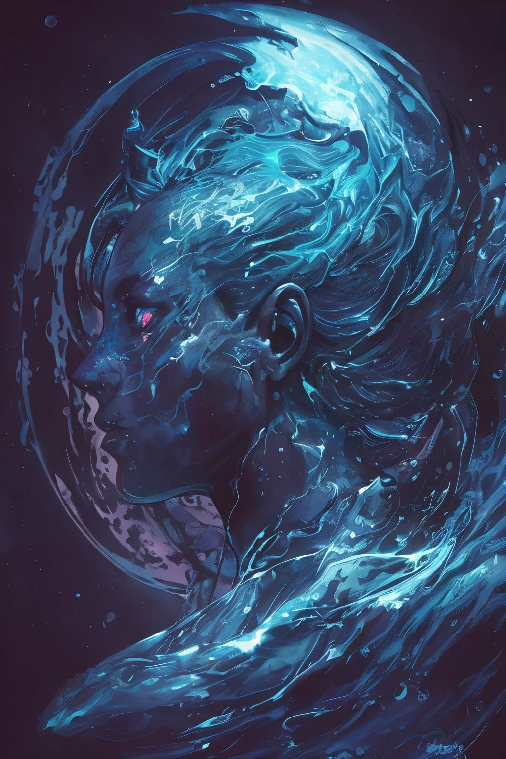 Tattoo of Aquarius, masterpiece, best quality, high quality,(a dark shapeless creature with a dark blue glow and blie eyes and surrounded by water darkness:1.2), (in profile), (darkness:1.2), abstraction, abyssopelagic, award winning photography, Depth of Field, HDR, extremely detailed, trending on artstation, trending on CGsociety, Intricate, High Detail, 