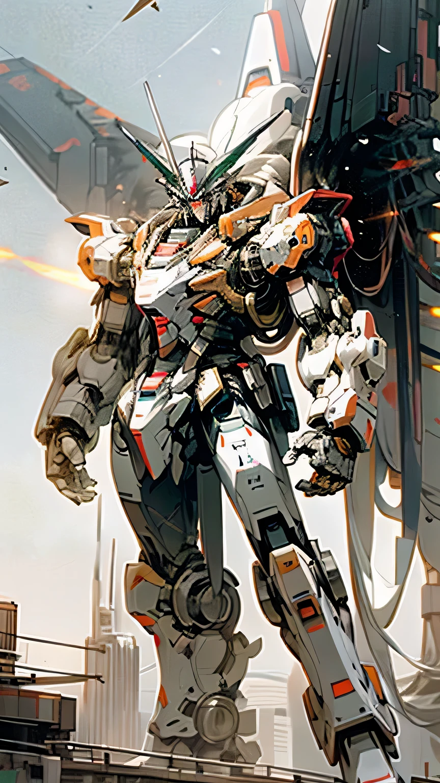 "Behold the majestic Gundam Mecha, radiating unfathomable power and emanating an awe-inspiring aura. Surrounded by an ethereal orange rune that softly floats around it, the Mecha's intricate body intersects harmoniously with the contrasting white backdrop. This breathtaking cyberpunk scene unfolds on the lunar landscape, a lone figure in a dark hoodie and mask standing beside it. The mechanical marvel, a cybernetic guardian, boasts a robust robotic presence in the highest quality digitalart.
A cityscape lurks in the distance, a testament to human innovation and warfare. Damaged