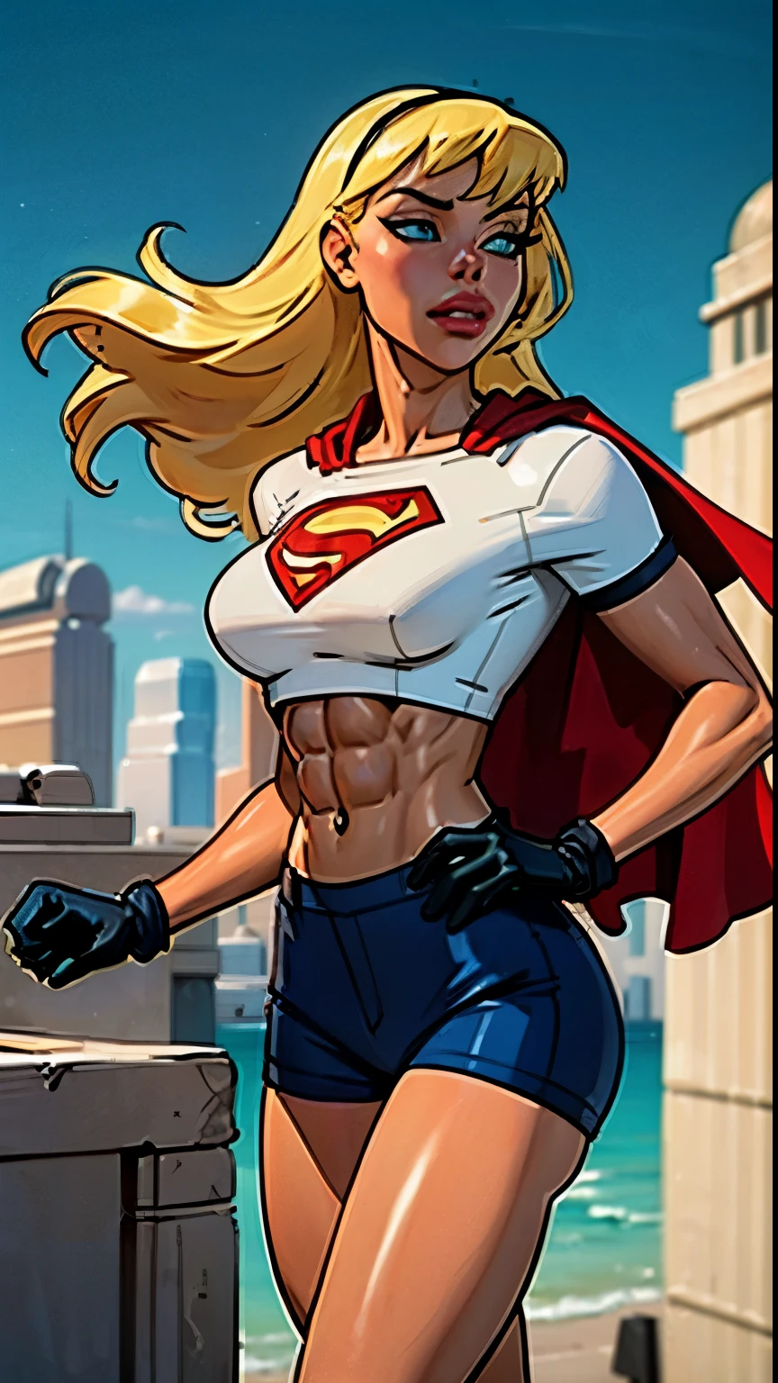 (cowboy shot), SFW, (masterpiece), (best quality: 1.0), (ultra highres: 1.0), detailed eyes,
BREAK,(slendered abs:1.4), Aletta ocean face,
Supergirl, 1girl, long blonde hair,
Hair band, \(white\) crop top, dolphin shorts, gloves, boots
BREAK
(clouds, city, stunning view)