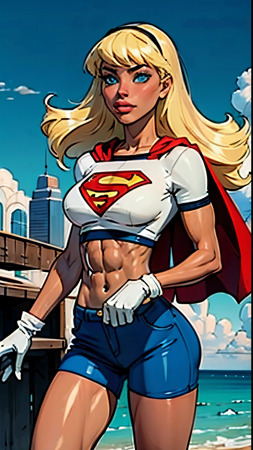 (cowboy shot), SFW, (masterpiece), (best quality: 1.0), (ultra highres: 1.0), detailed eyes,
BREAK,(slendered abs:1.4), Aletta ocean face,
Supergirl, 1girl, long blonde hair,
Hair band, \(white\) crop top, dolphin shorts, gloves, boots
BREAK
(clouds, city, stunning view)