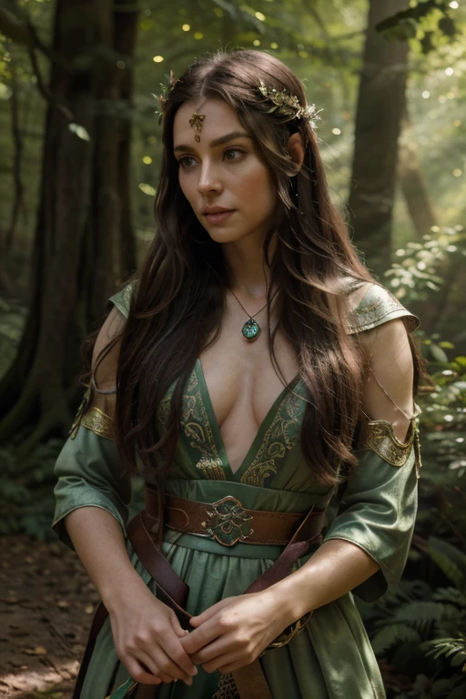 (best quality,4k,8k,highres,masterpiece:1.2),ultra-detailed,(realistic,photorealistic,photo-realistic:1.37),Elf style,the lord of the rings,long hair,pointed ears,tall,brunette hair,emerald green eyes,flawless fair skin,athletic body,slim and graceful,long and elegant fingers,costumed in elven attire,a majestic elven forest in the background,enchanting sunlight filtering through the leaves,glowing magical runes encircling,immersed in nature,peaceful and serene ambiance,vibrant colors of nature,ethereal and mystical atmosphere,speaking to the woodland creatures,holding a bow with arrows,strategically positioned in a graceful stance,concentrated gaze,engaged in elven archery training,inner strength and grace radiating from within,exuding an aura of ancient wisdom and magic,transcending the boundaries of reality and fantasy.