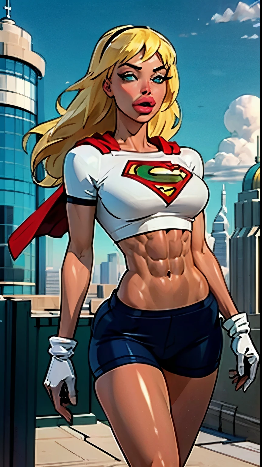 (cowboy shot), SFW, (masterpiece), (best quality: 1.0), (ultra highres: 1.0), detailed eyes,
BREAK,(slendered abs:1.4), Aletta ocean face,
Supergirl, 1girl, long blonde hair,  
Hair band, \(white\) crop top, dolphin shorts, gloves, boots
BREAK
(clouds, city, stunning view)