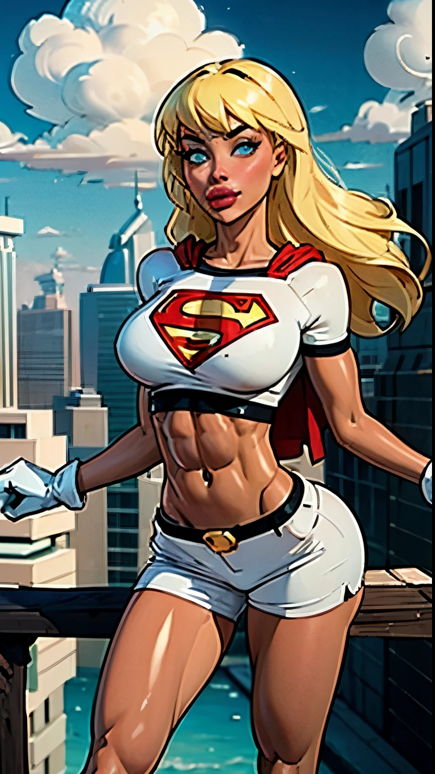 (cowboy shot), SFW, (masterpiece), (best quality: 1.0), (ultra highres: 1.0), detailed eyes,
BREAK,(slendered abs:1.4), Aletta ocean face,
Supergirl, 1girl, long blonde hair,
Hair band, \(white\) crop top, dolphin shorts, gloves, boots
BREAK
(clouds, city, stunning view)