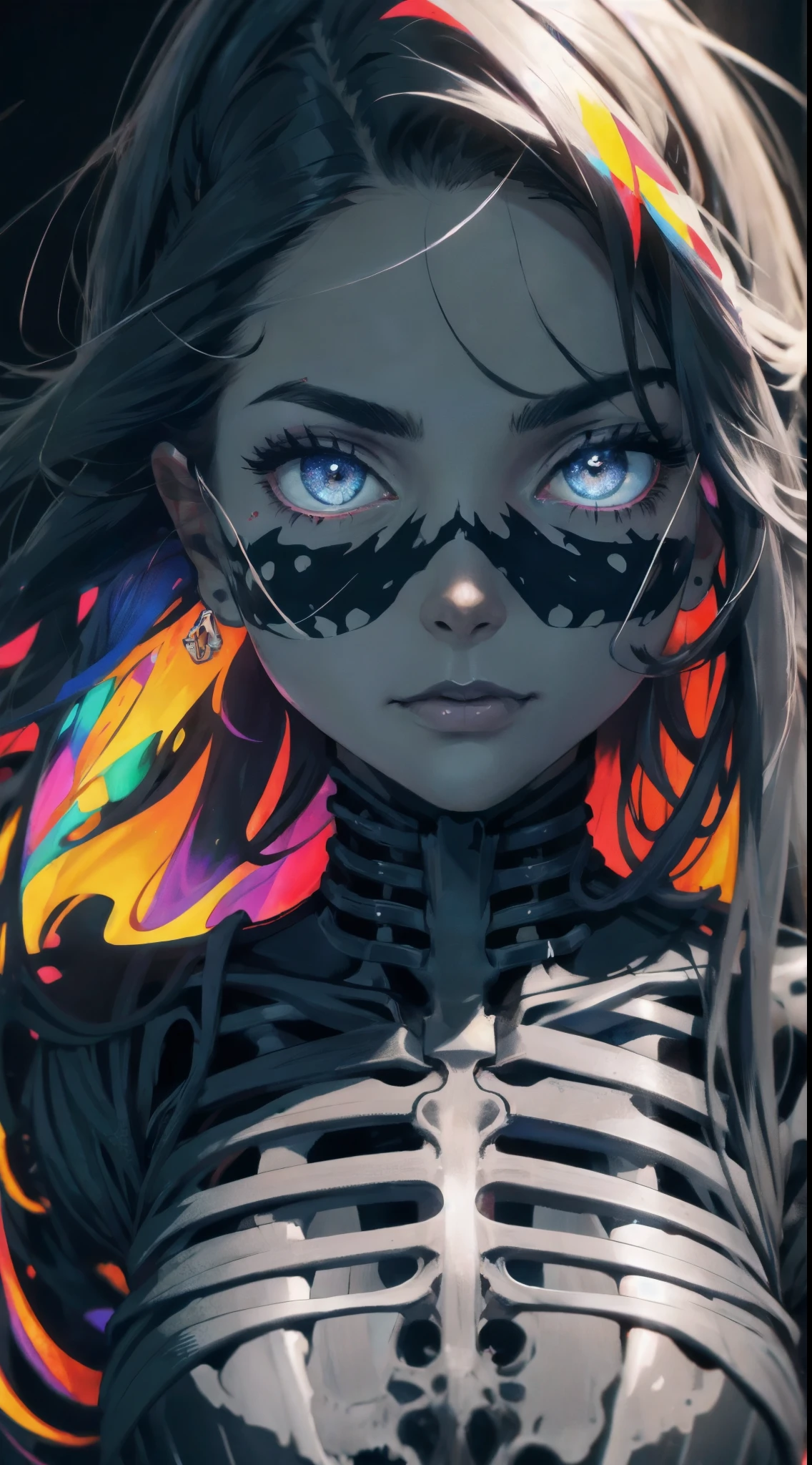 skeletons everywhere, perfect face, detailed face, dark black tight dress,  detailed, colorful, dark atmosphere